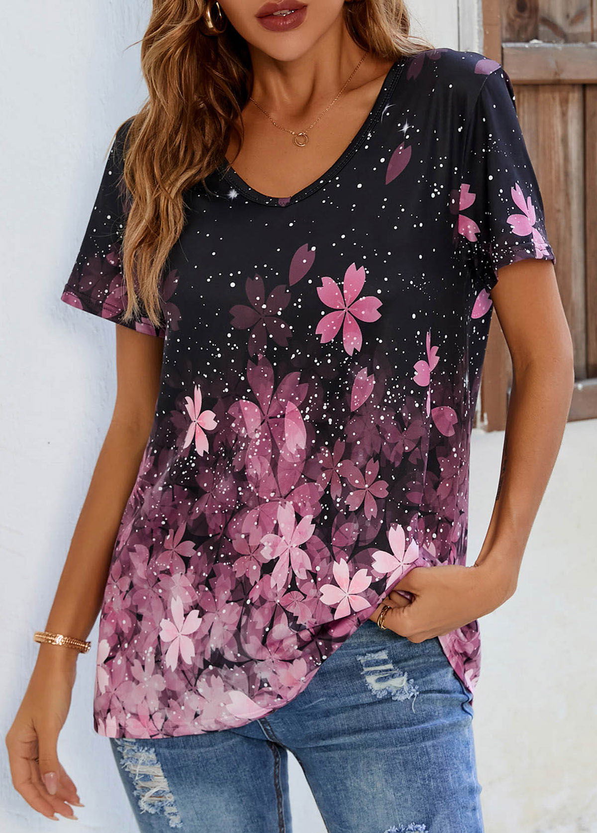 Pink tops,Floral tops,Floral Print V Neck Pink T Shirt
