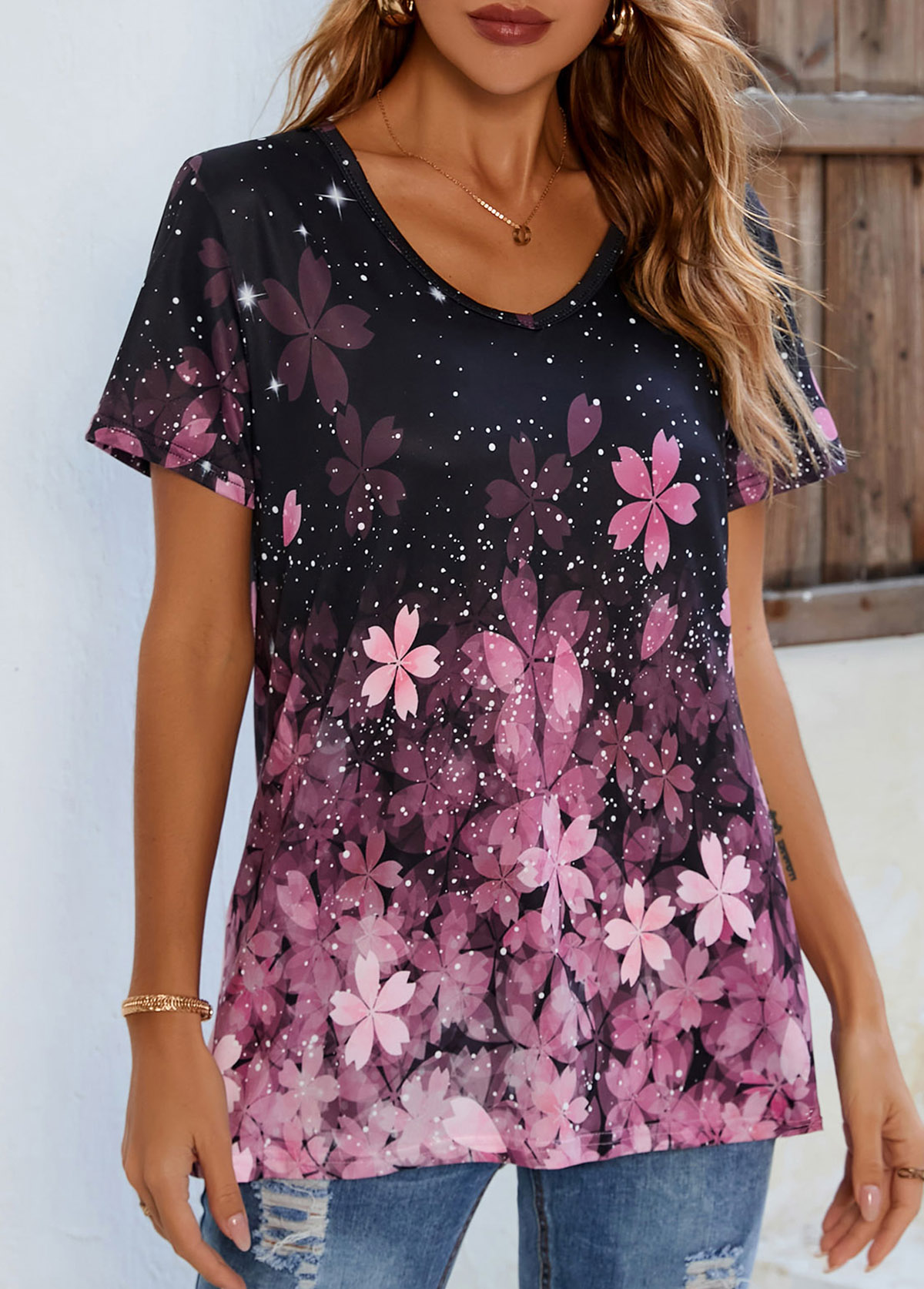 Pink tops,Floral tops,Floral Print V Neck Pink T Shirt
