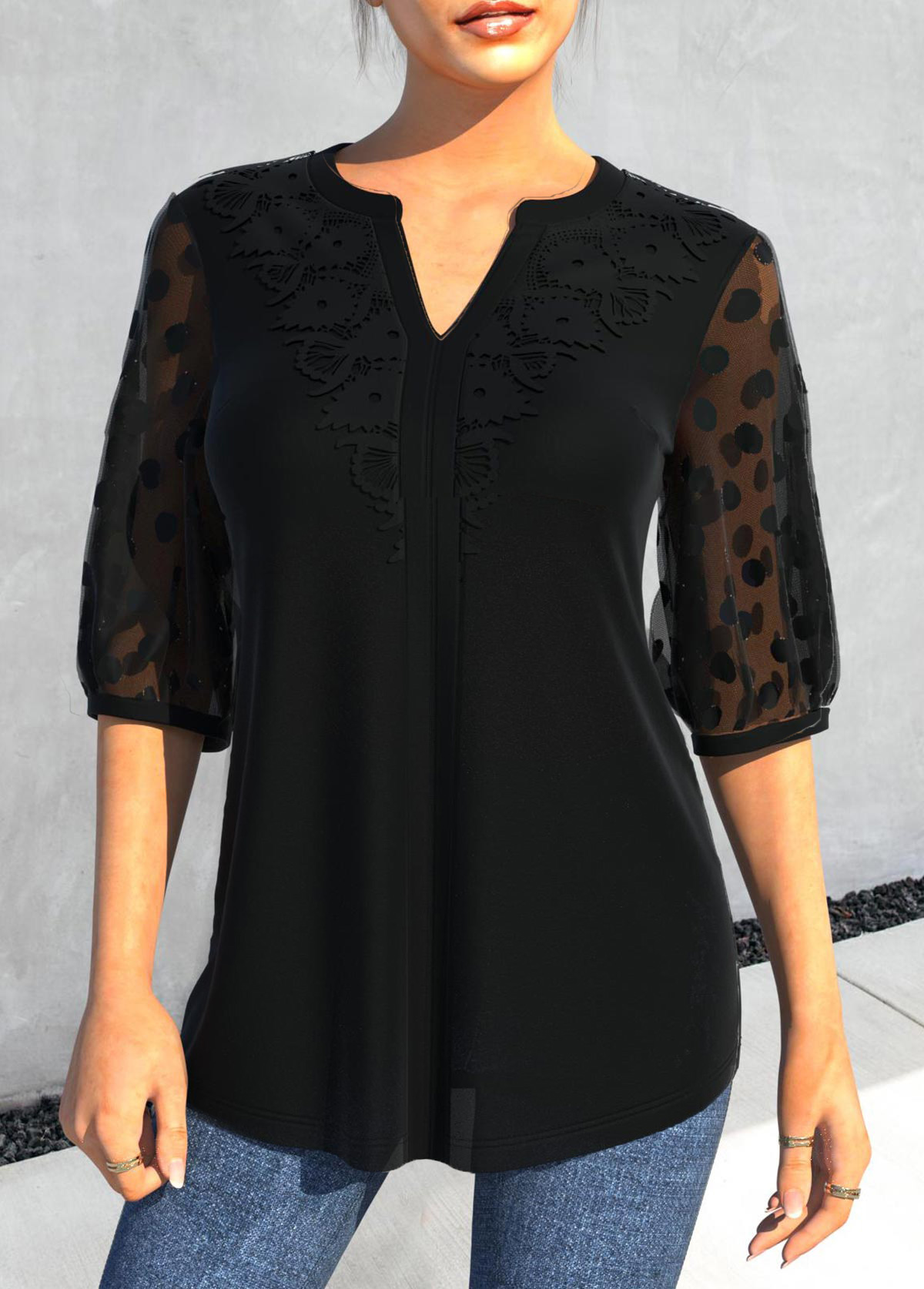 Black tops,Plain Color tops,ROTITA Lace Patchwork Mesh Stitching Black Blouse