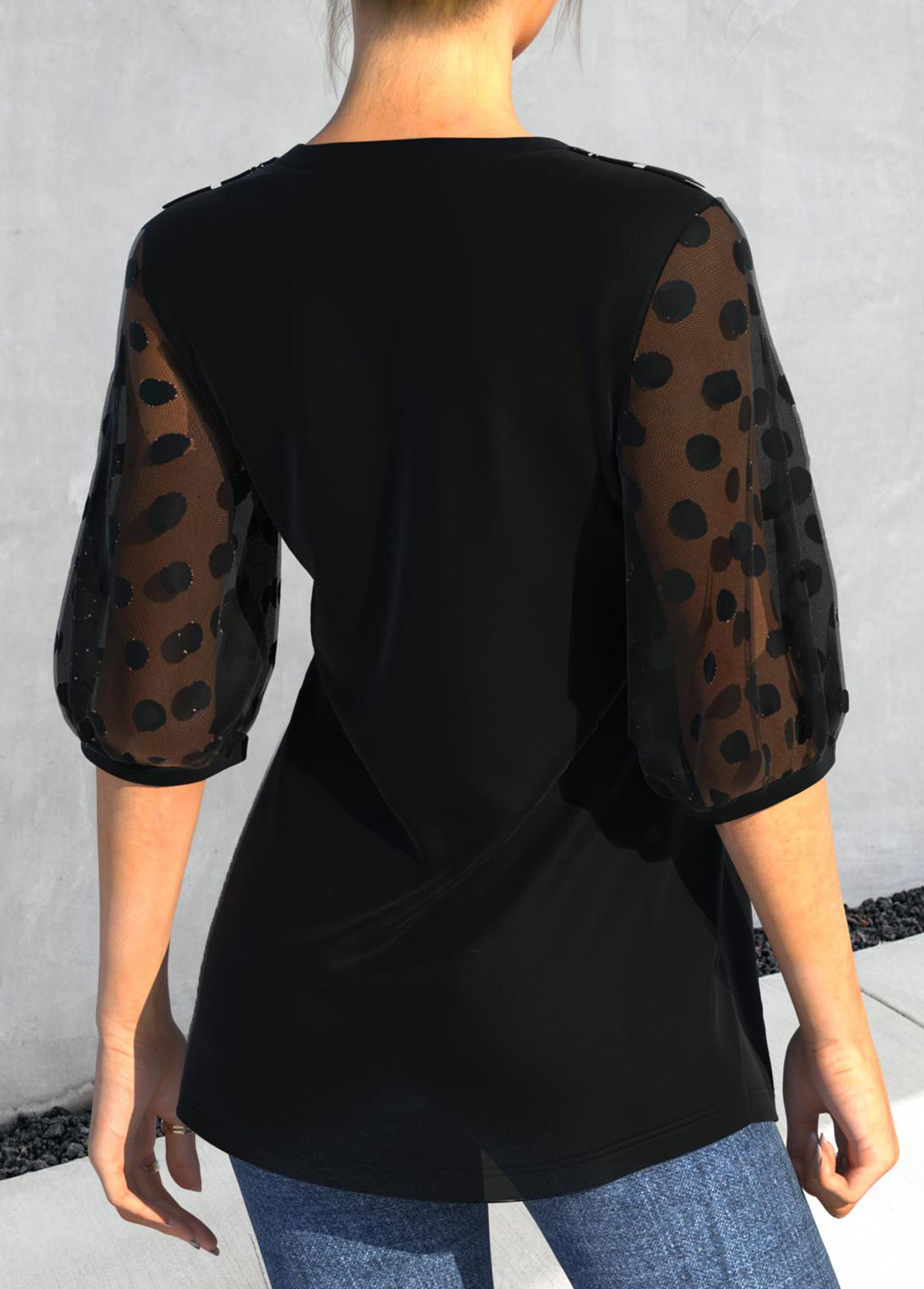 Black tops,Plain Color tops,ROTITA Lace Patchwork Mesh Stitching Black Blouse