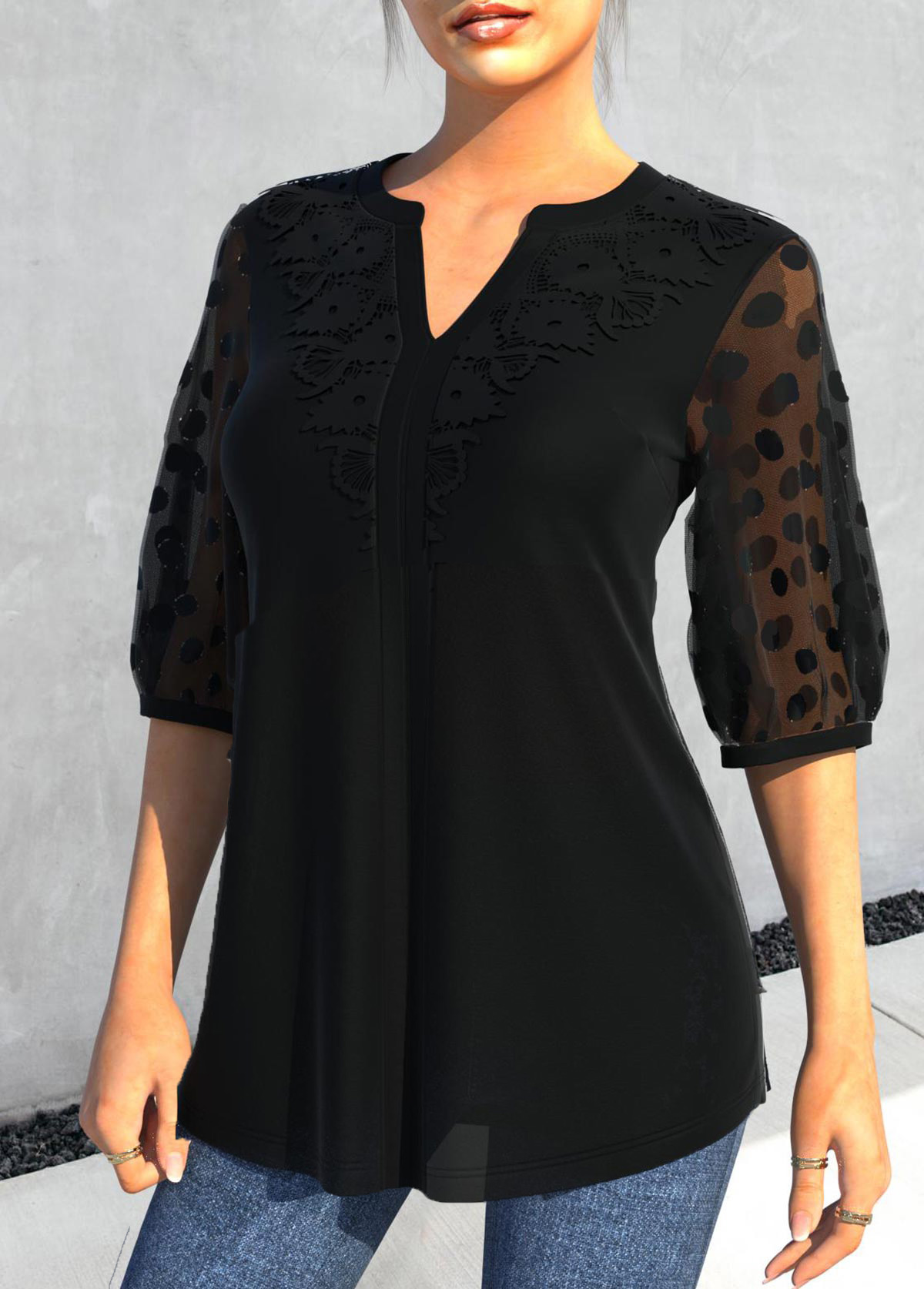 Black tops,Plain Color tops,ROTITA Lace Patchwork Mesh Stitching Black Blouse