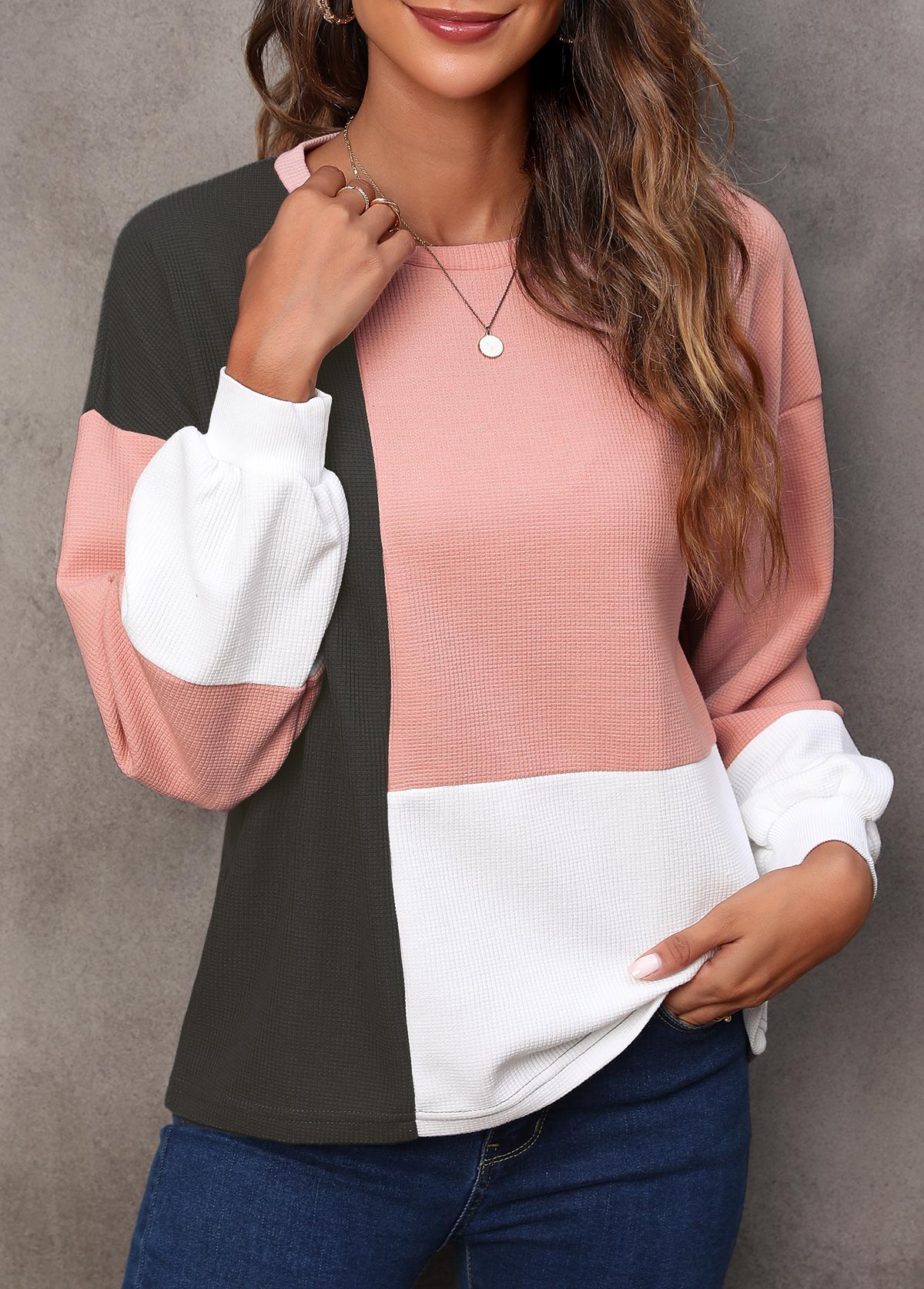 Light Pink tops,Contrast Color tops,Contrast Light Pink Long Sleeve Sweatshirt