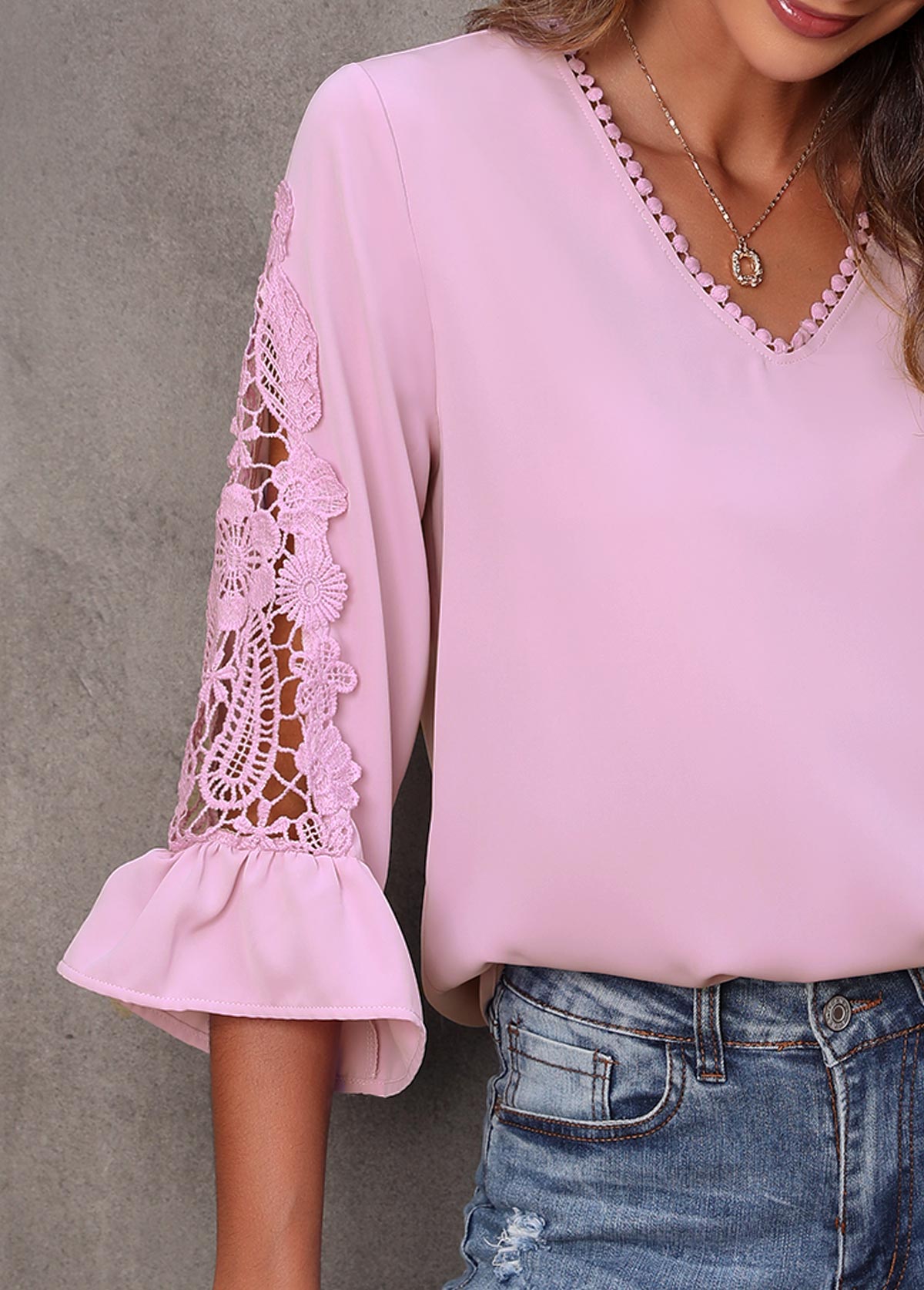 Light Pink tops,Plain Color tops,Lace Stitching Pink Flare Sleeve T Shirt