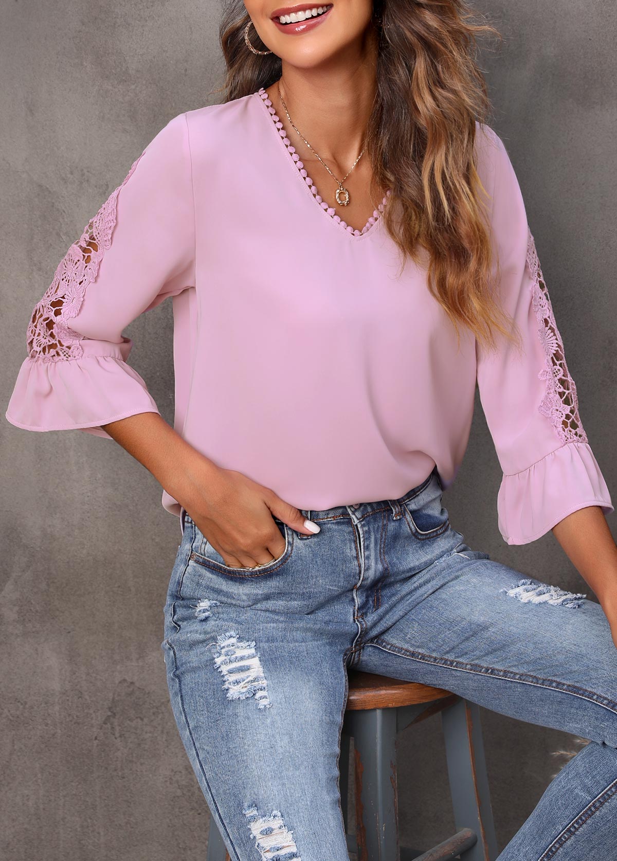 Light Pink tops,Plain Color tops,Lace Stitching Pink Flare Sleeve T Shirt