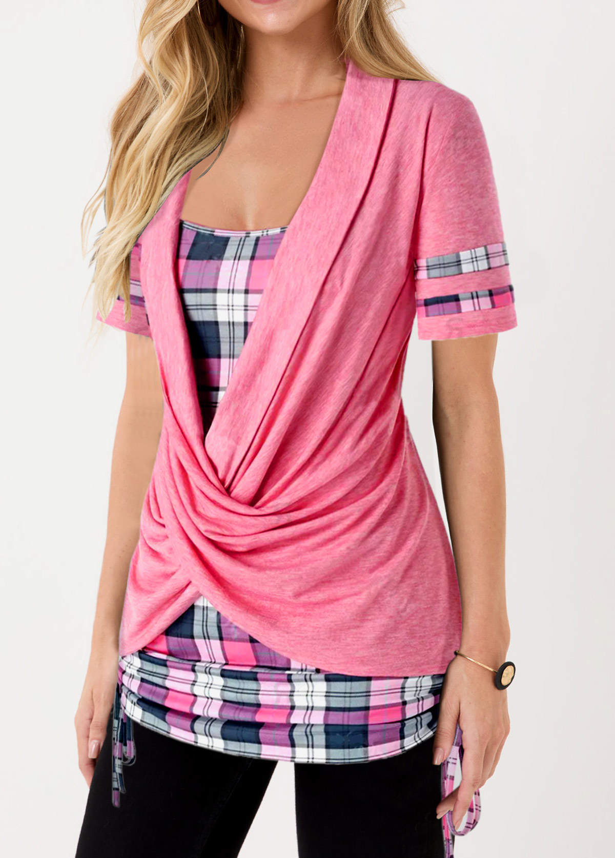 Pink tops,Plaid tops,ROTITA Tie Side Pink Front Cross T Shirt