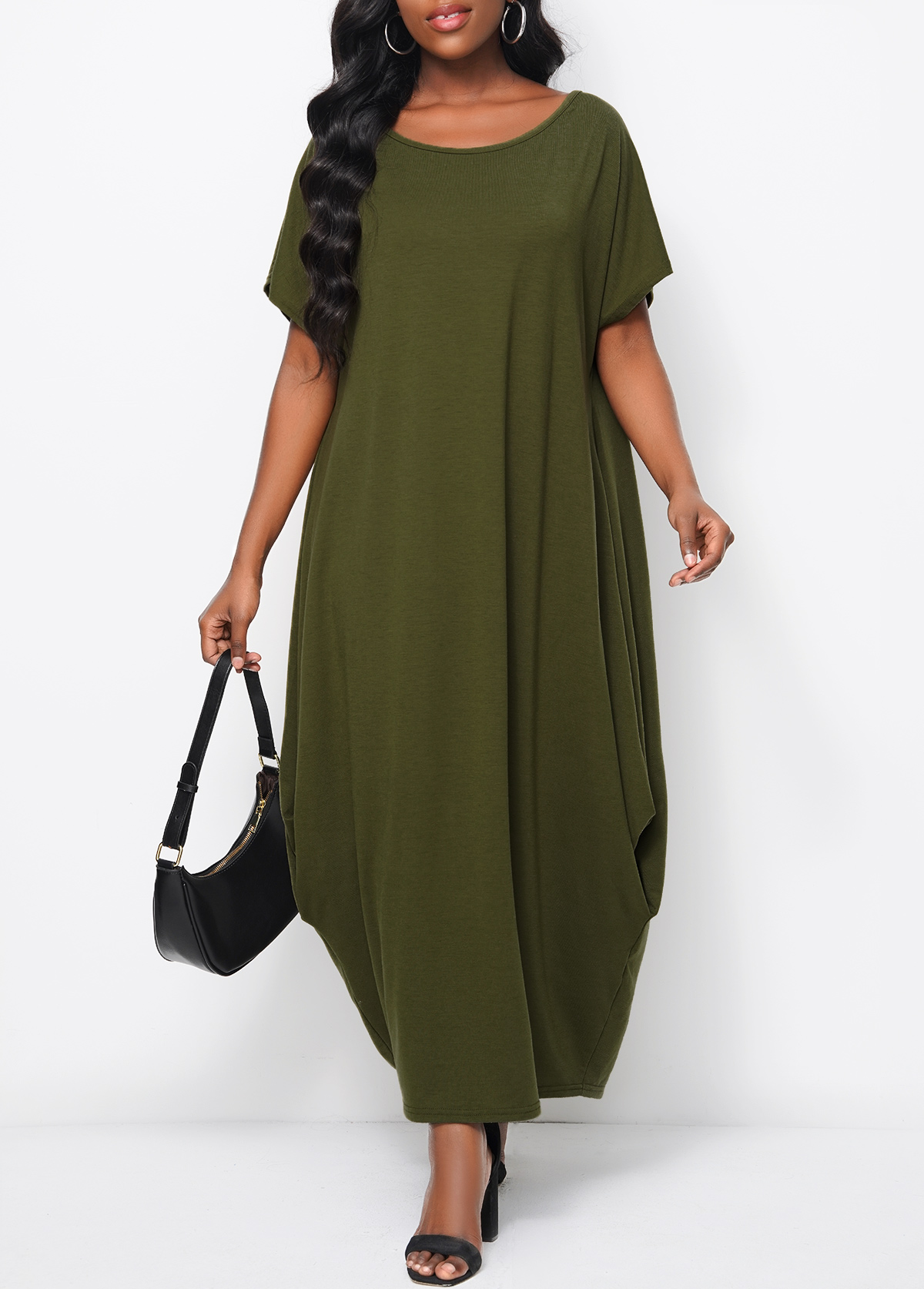 Short Sleeve Green Round Neck Maxi Dress