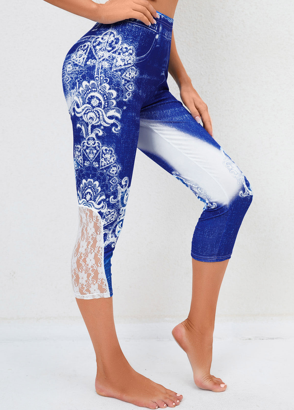 Lace Stitching Denim Blue Tribal Print Pants