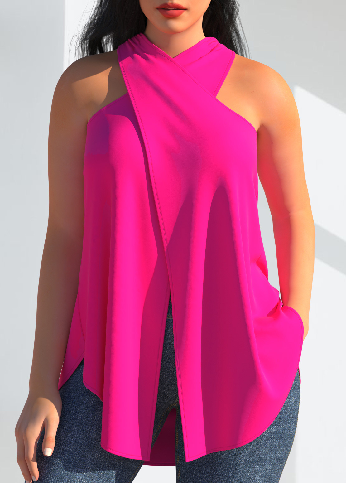 ROTITA Cross Halter Front Slit Hot Pink Tank Top
