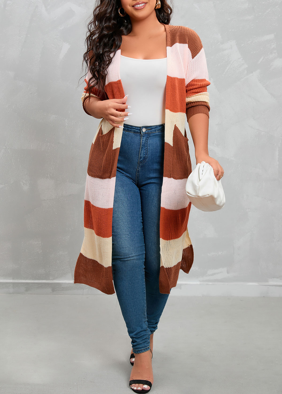 Multi Color plus size,Contrast Color plus size,Plus Size Double Side Pockets Multi Color Cardigan