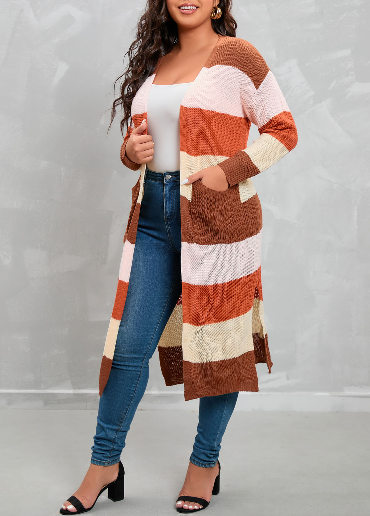 Multi Color plus size,Contrast Color plus size,Plus Size Double Side Pockets Multi Color Cardigan