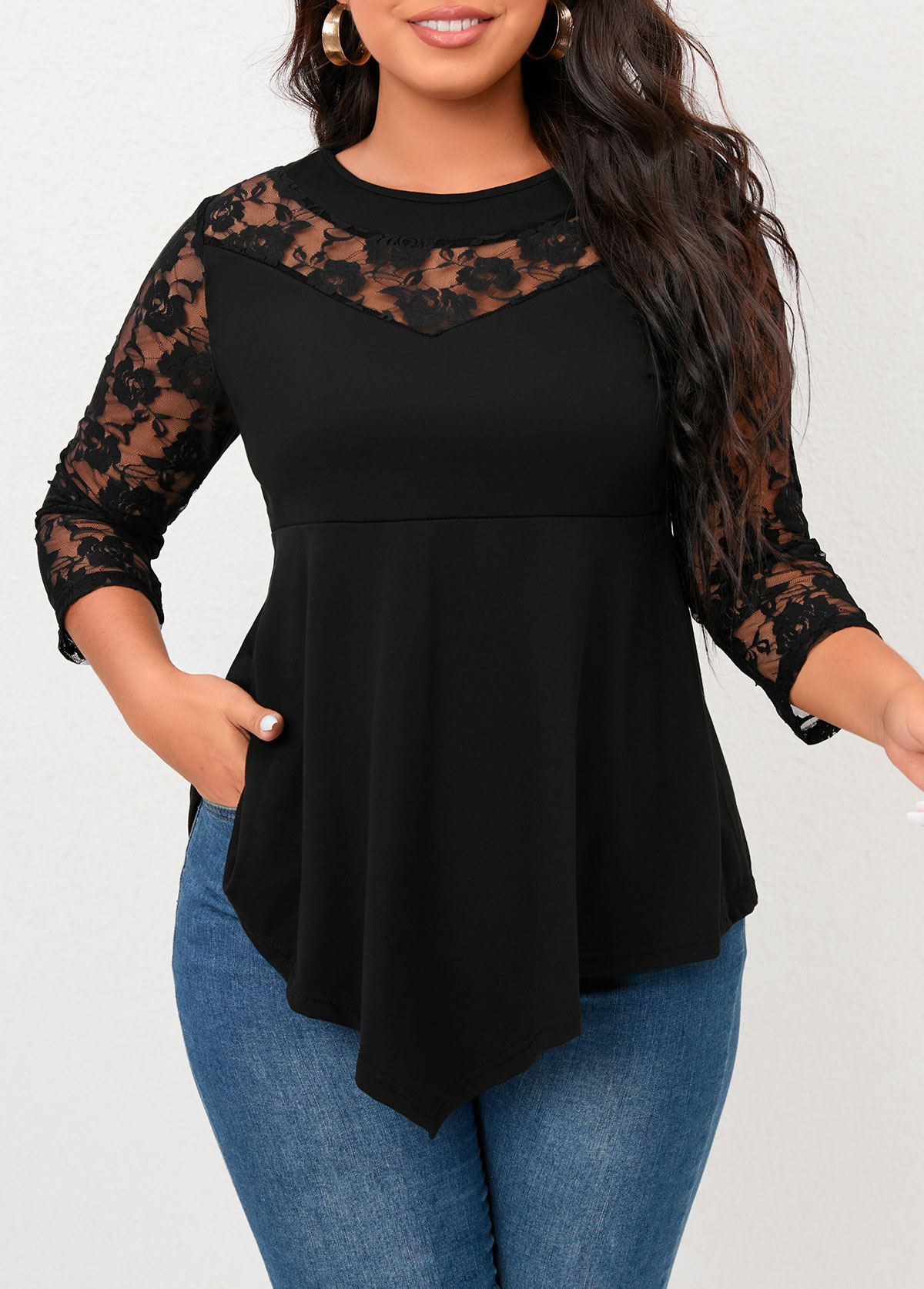 Black plus size,Plain Color plus size,Plus Size Lace Stitching Black Asymmetric Hem T Shirt