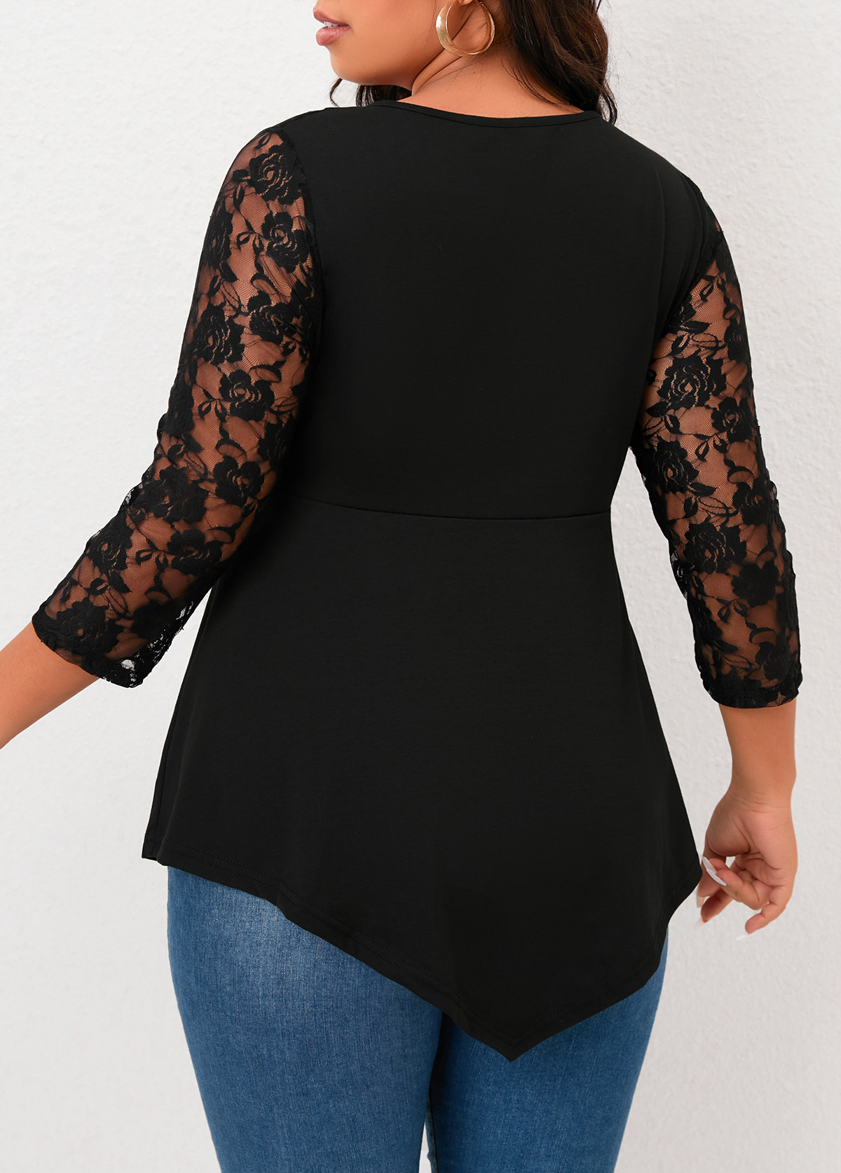 Black plus size,Plain Color plus size,Plus Size Lace Stitching Black Asymmetric Hem T Shirt