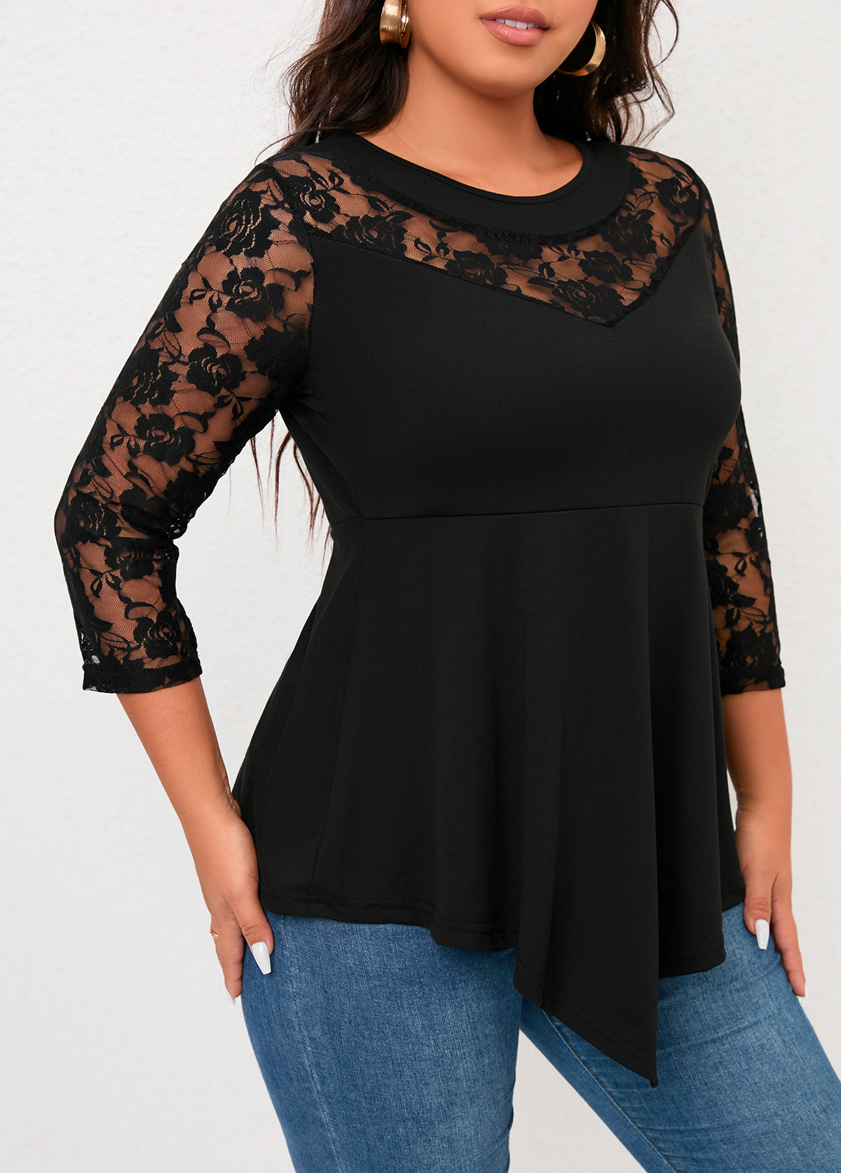 Black plus size,Plain Color plus size,Plus Size Lace Stitching Black Asymmetric Hem T Shirt