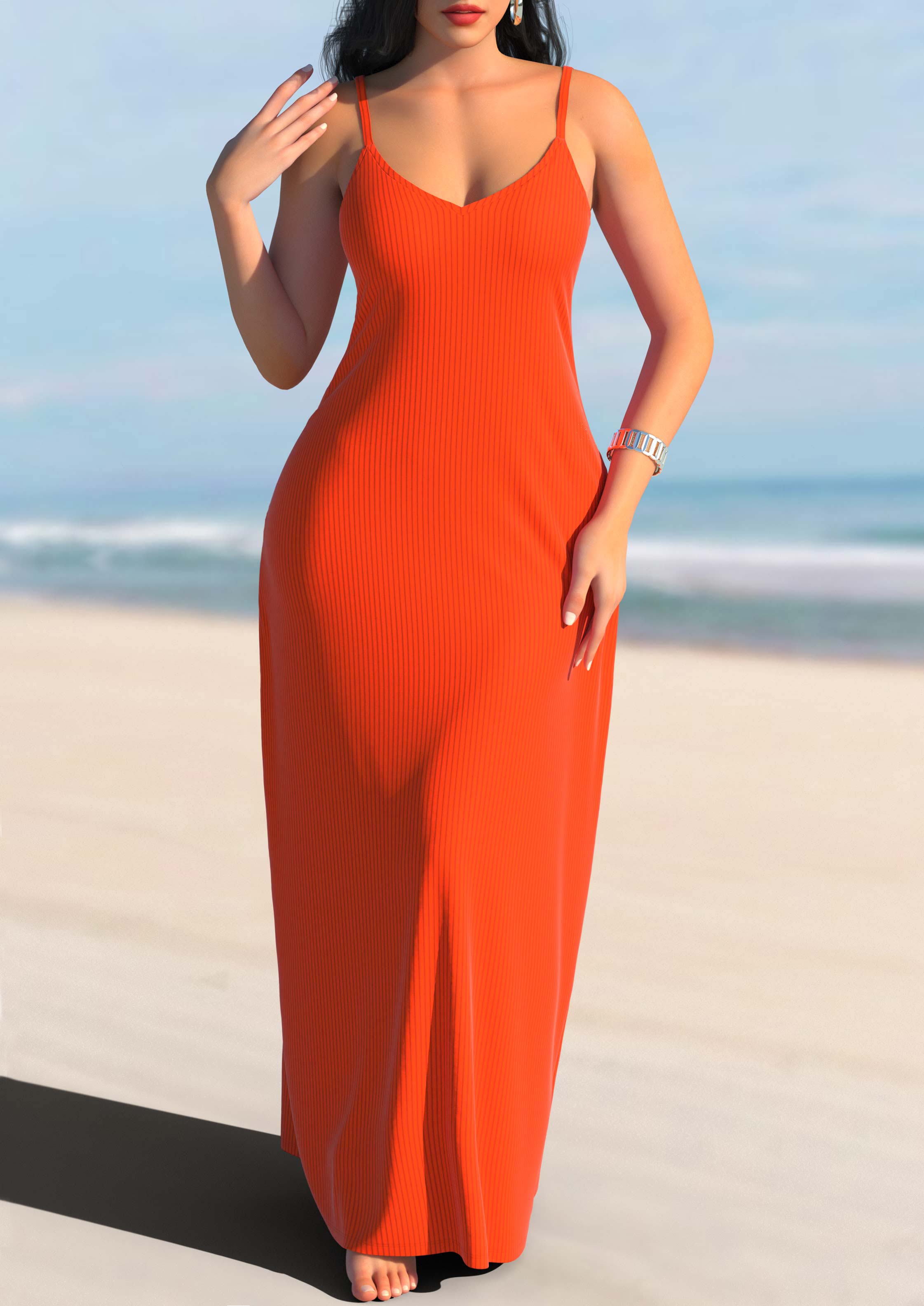 ROTITA Spaghetti Strap Orange Textured Maxi Dress