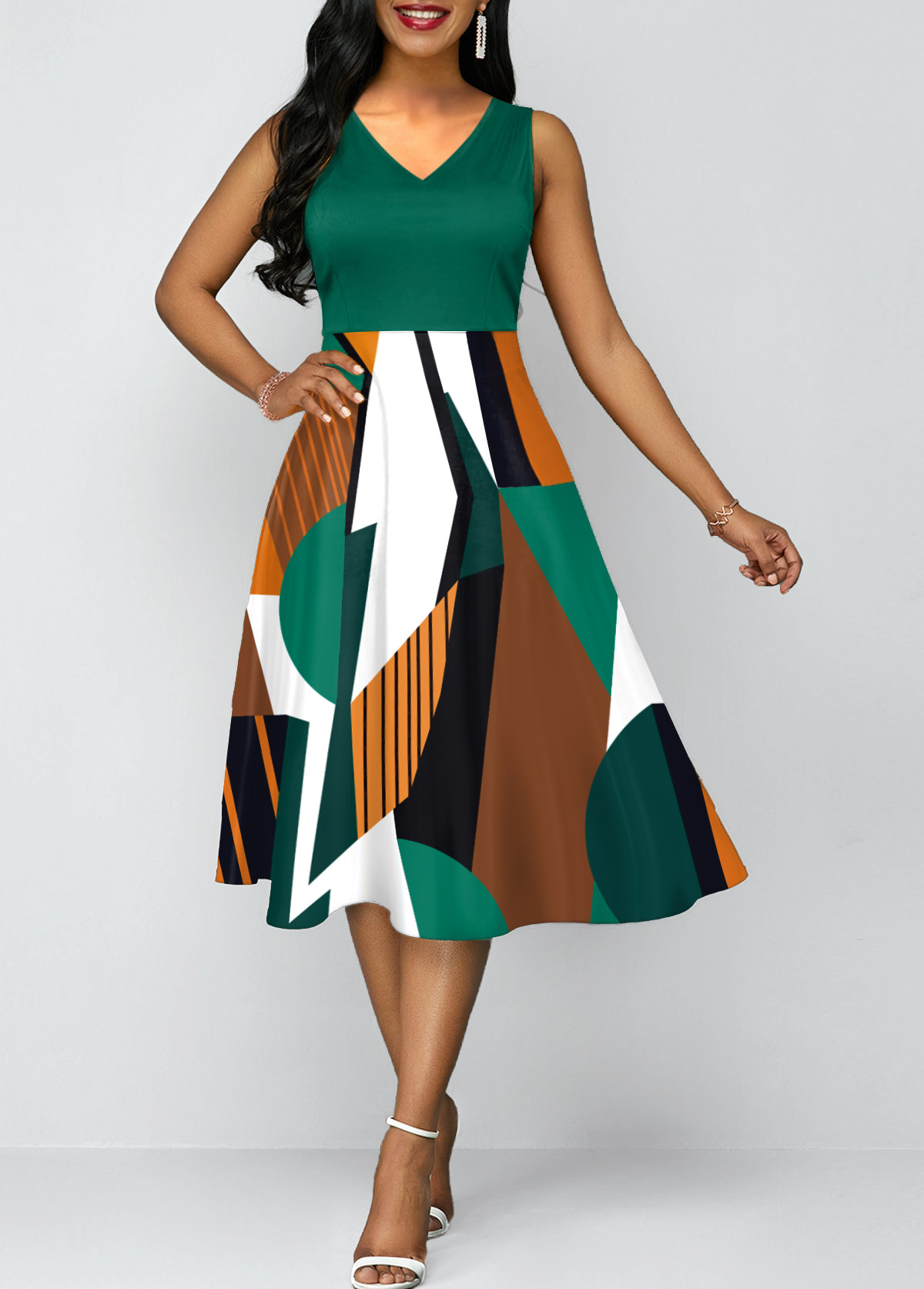 Geometric Print V Neck Green Dress