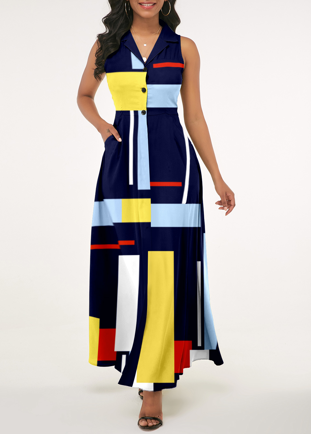 Marineblaues Kleid mit geometrischem Print und gekerbtem Kragen