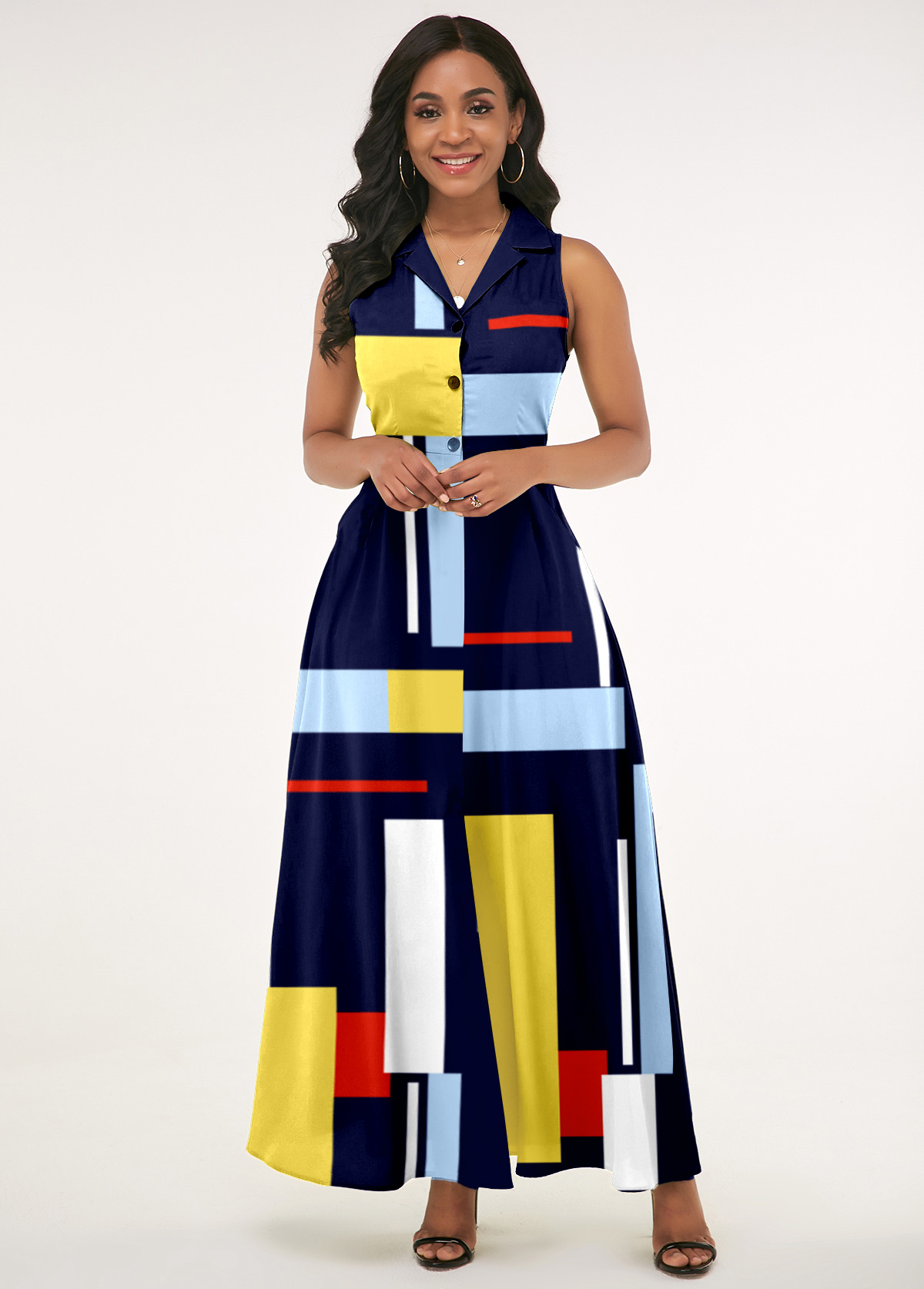 Geometric dresses,Navy Blue Geometric Print Notch Collar Dress