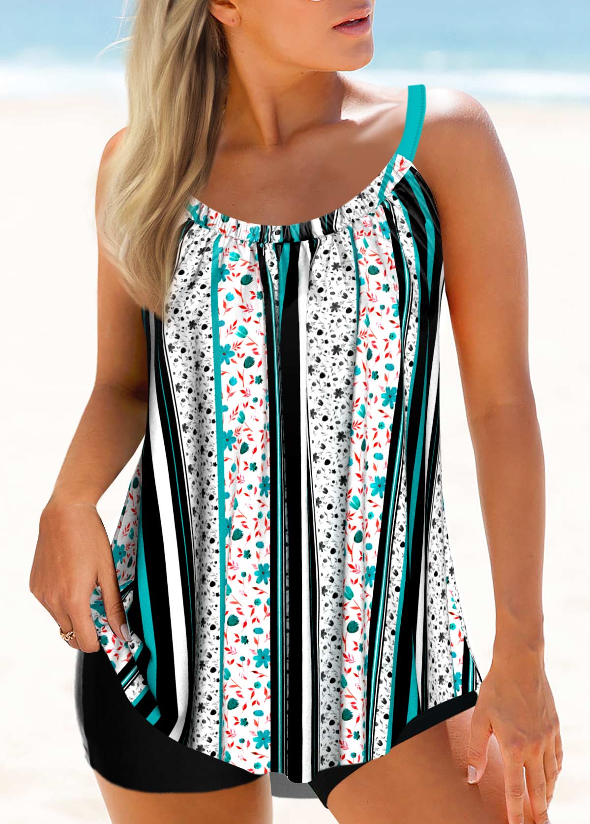 Drawstring Fold Multi Color Floral Print Tankini Set