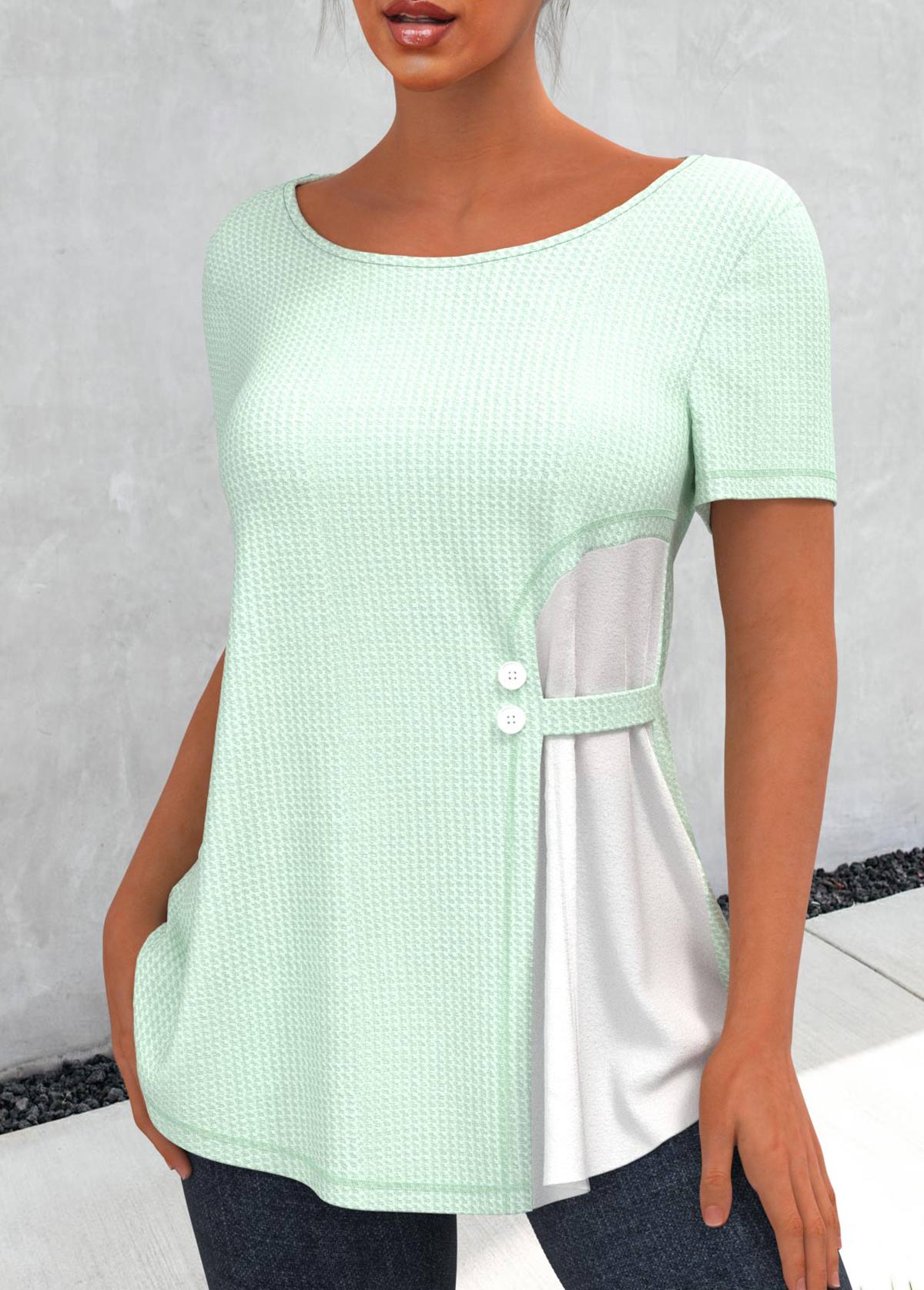 Light Green tops,Plain Color tops,ROTITA Light Green Waffle Knit Chiffon Panel T Shirt