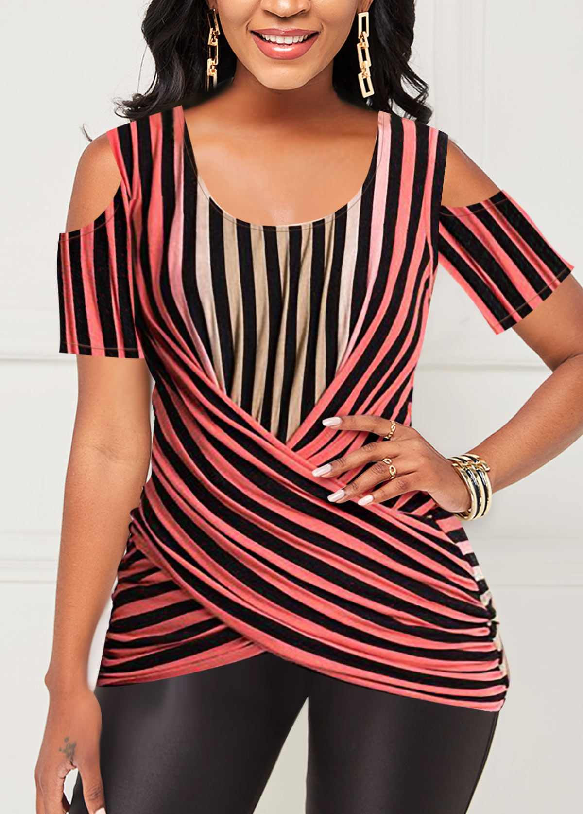 Striped tops,ROTITA Crossover Hem Cold Shoulder Striped T Shirt