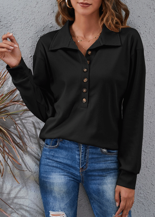 Button Black Turn Down Collar T Shirt