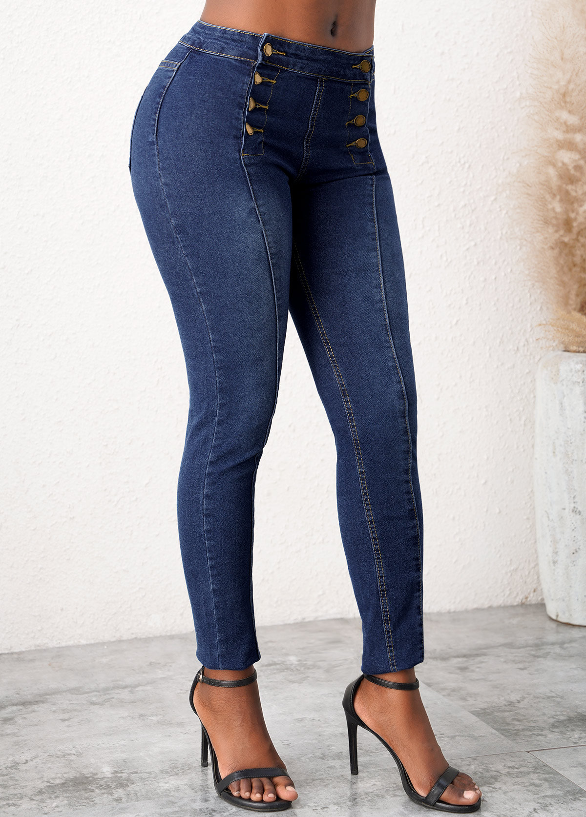 Denim Blue bottoms,Plain Color bottoms,Skinny Mid Waist Denim Blue Jeans