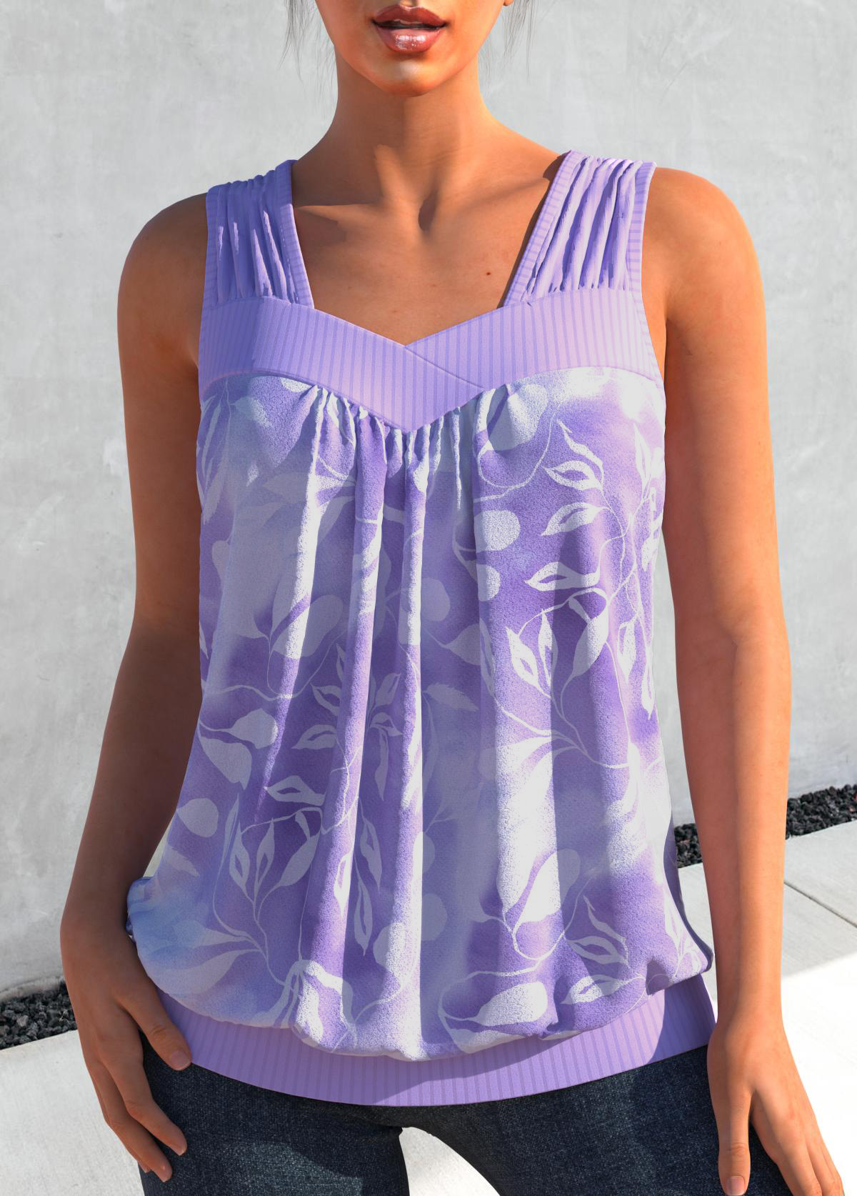 ROTITA Leaf Print Light Purple Tank Top