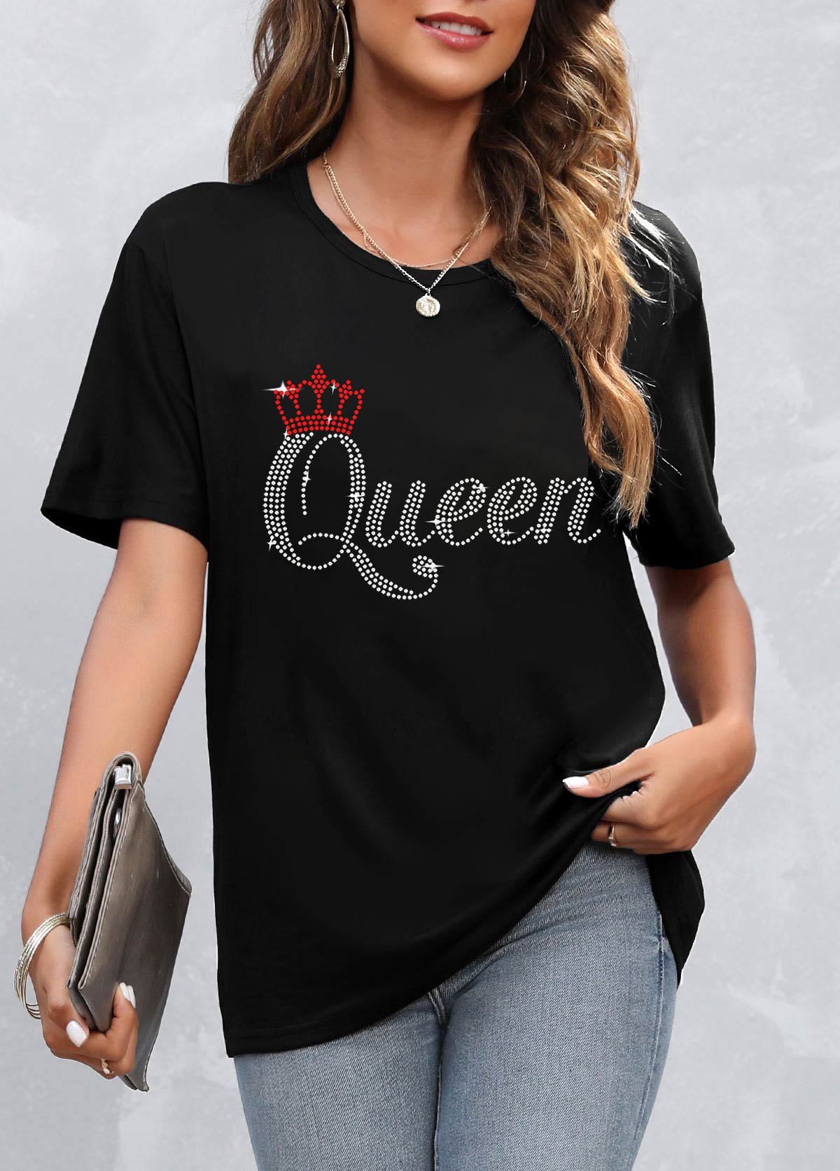 Hot Stamping Letter Round Neck Black T Shirt