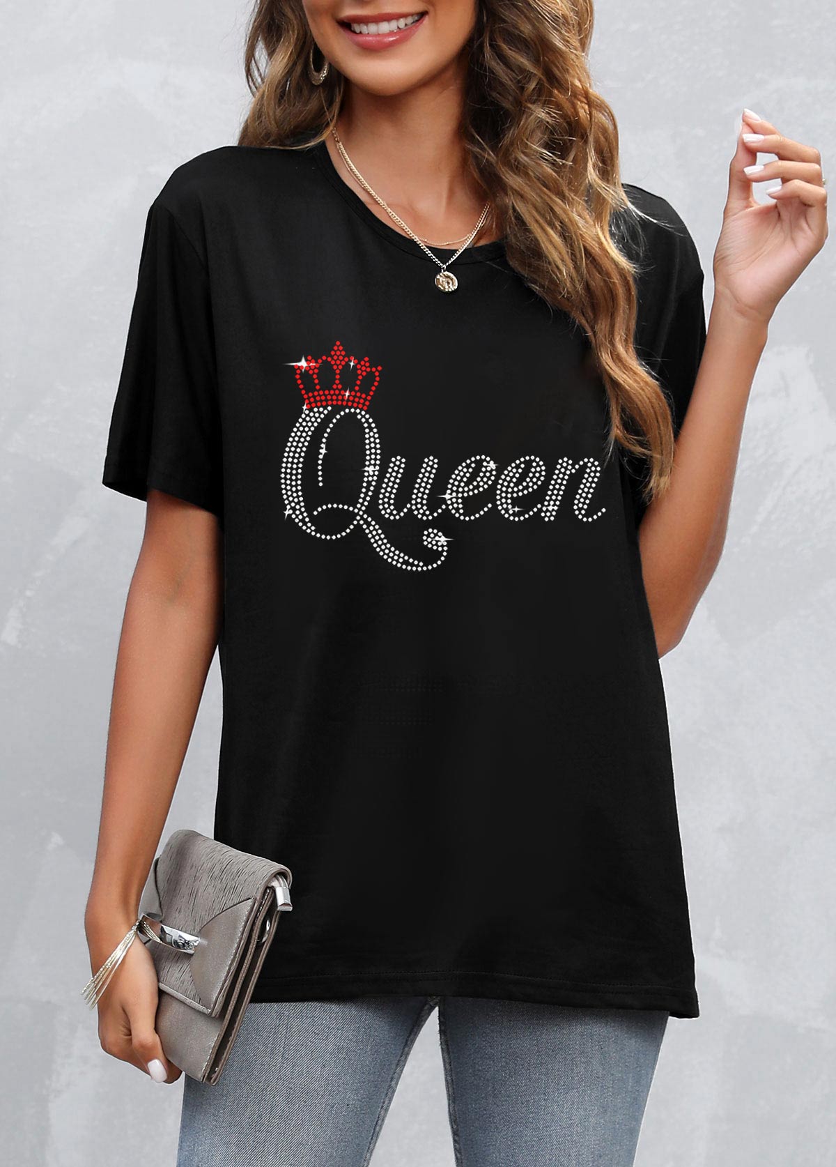 Black tops,Letter tops,Hot Stamping Letter Round Neck Black T Shirt
