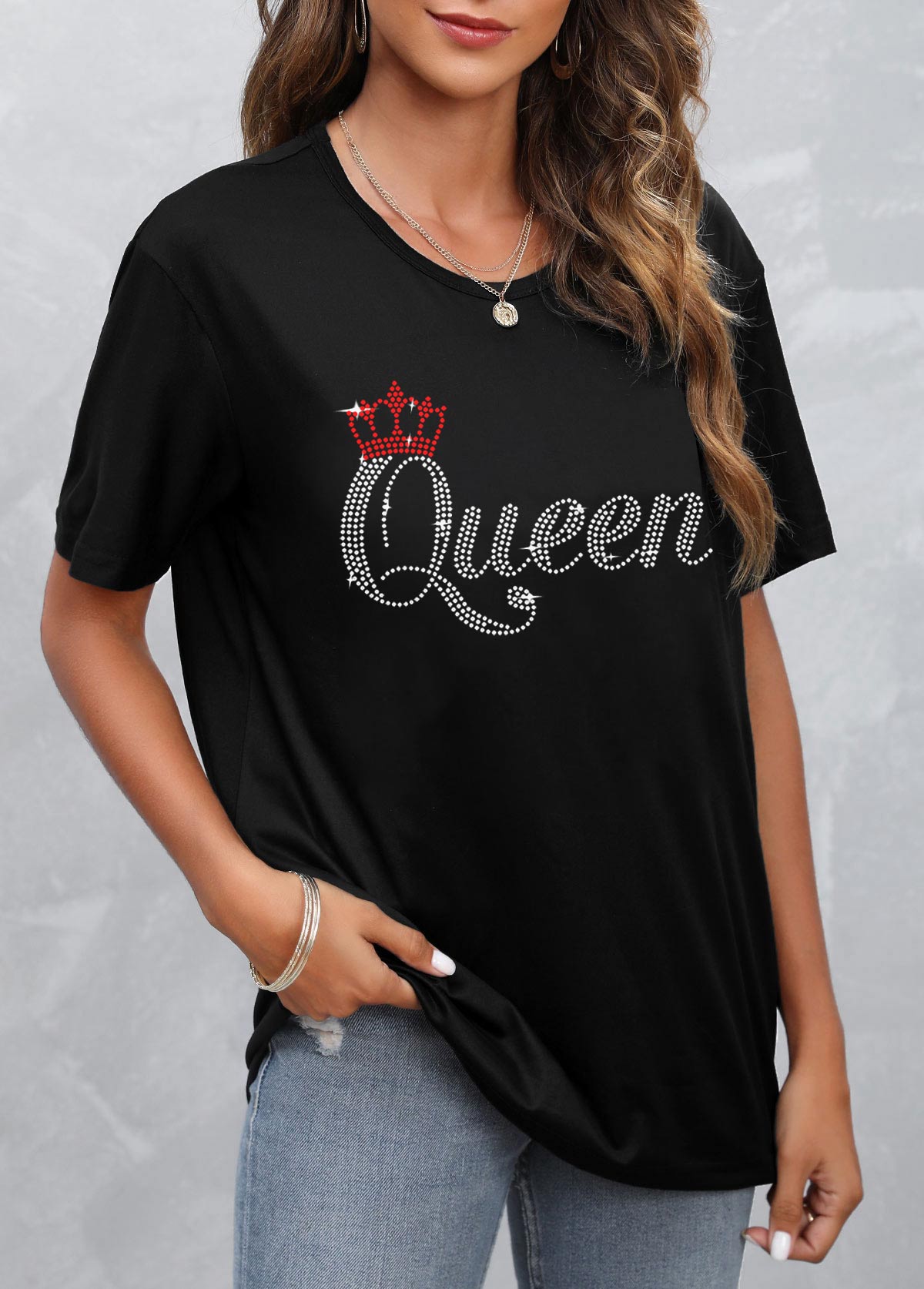 Black tops,Letter tops,Hot Stamping Letter Round Neck Black T Shirt