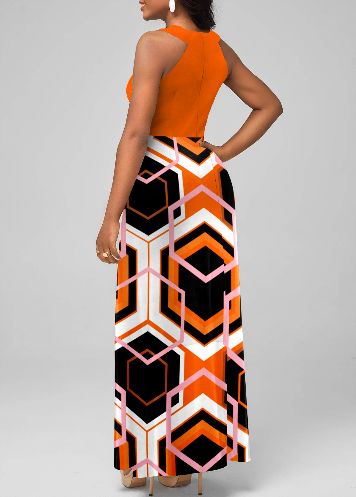 Orange dresses,Geometric dresses,Halter Orange Geometric Print Maxi Dress