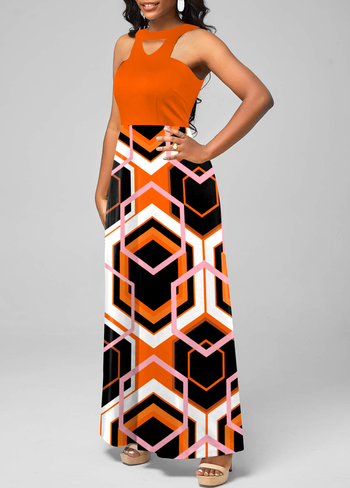 Orange dresses,Geometric dresses,Halter Orange Geometric Print Maxi Dress
