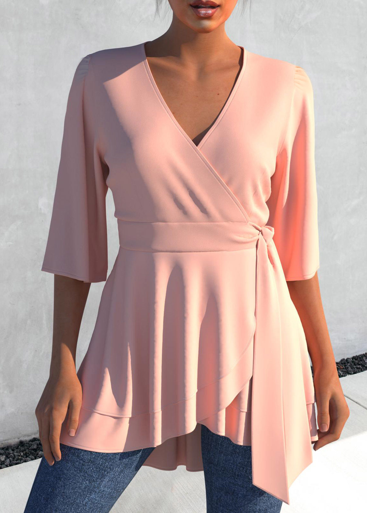 Light Pink tops,Plain Color tops,ROTITA Layered Asymmetric Hem Tie Side Light Pink Blouse