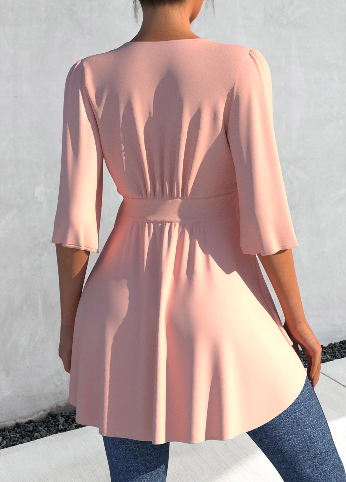 Light Pink tops,Plain Color tops,ROTITA Layered Asymmetric Hem Tie Side Light Pink Blouse