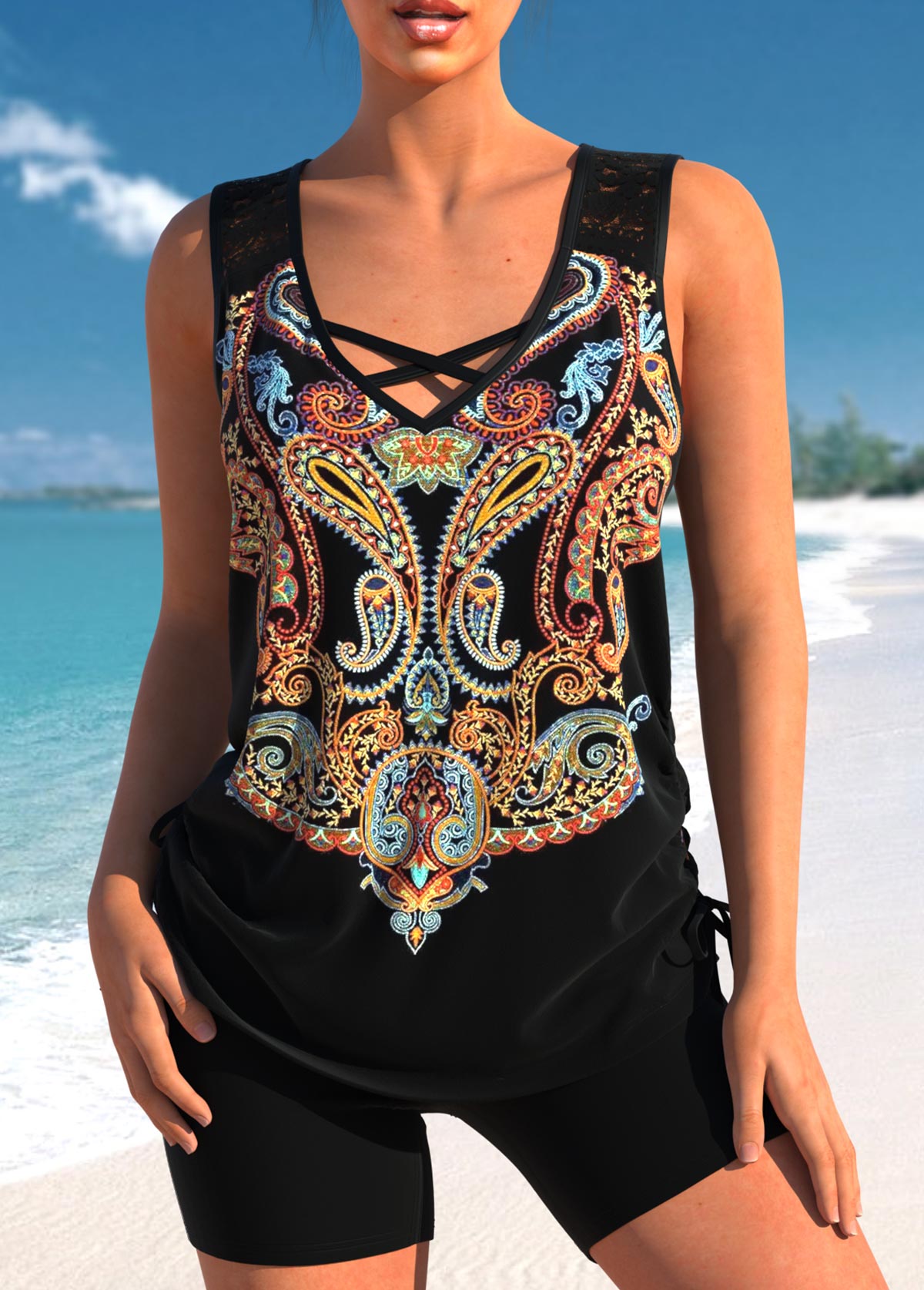 Black swimwear,Tribal swimwear,ROTITA Paisley Print Lace Stitching Black Tankini Top