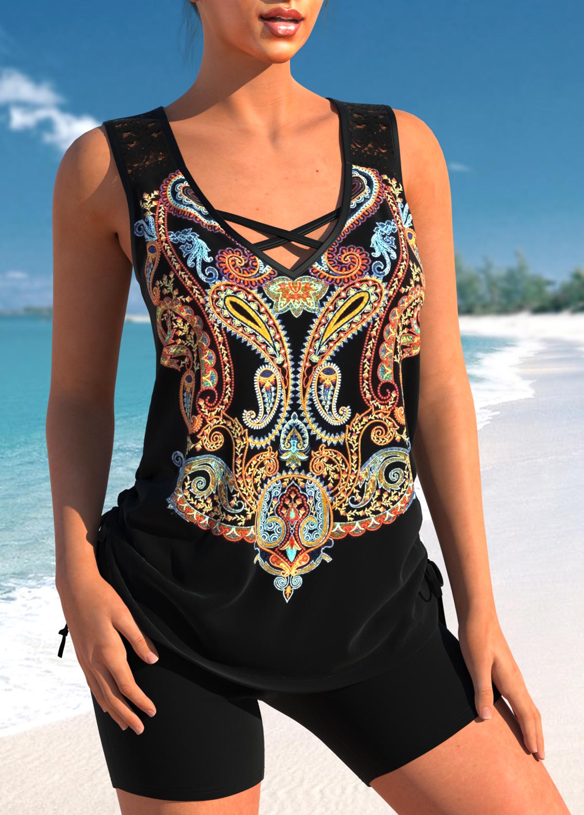 Black swimwear,Tribal swimwear,ROTITA Paisley Print Lace Stitching Black Tankini Top