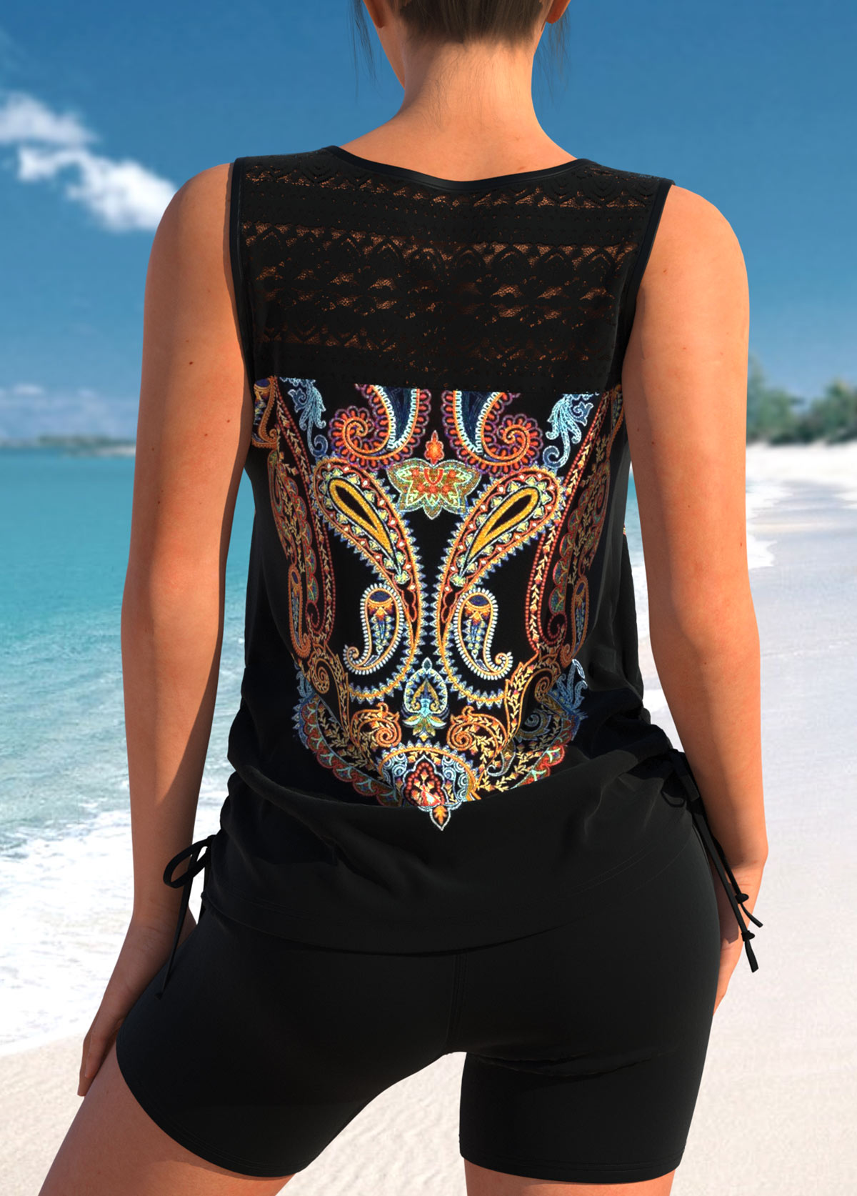Black swimwear,Tribal swimwear,ROTITA Paisley Print Lace Stitching Black Tankini Top