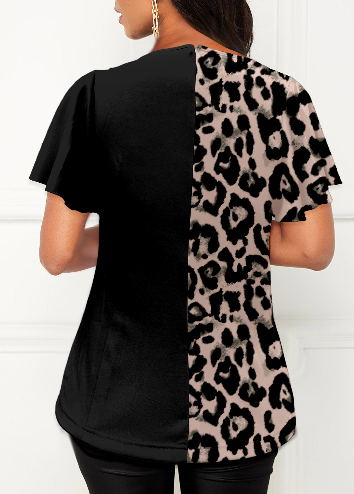 Black tops,Leopard tops,ROTITA Side Slit Leopard Black T Shirt