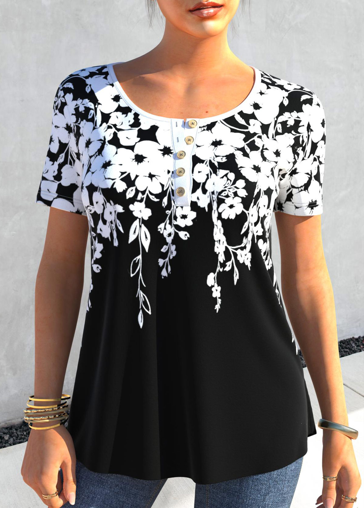 ROTITA T-shirt noir à imprimé floral et boutons