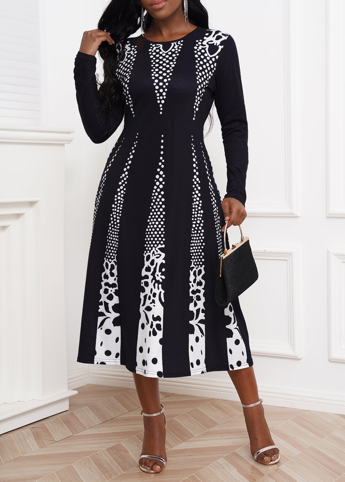 White dresses,Geometric dresses,Long Sleeve Polka Dot White Contrast Dress