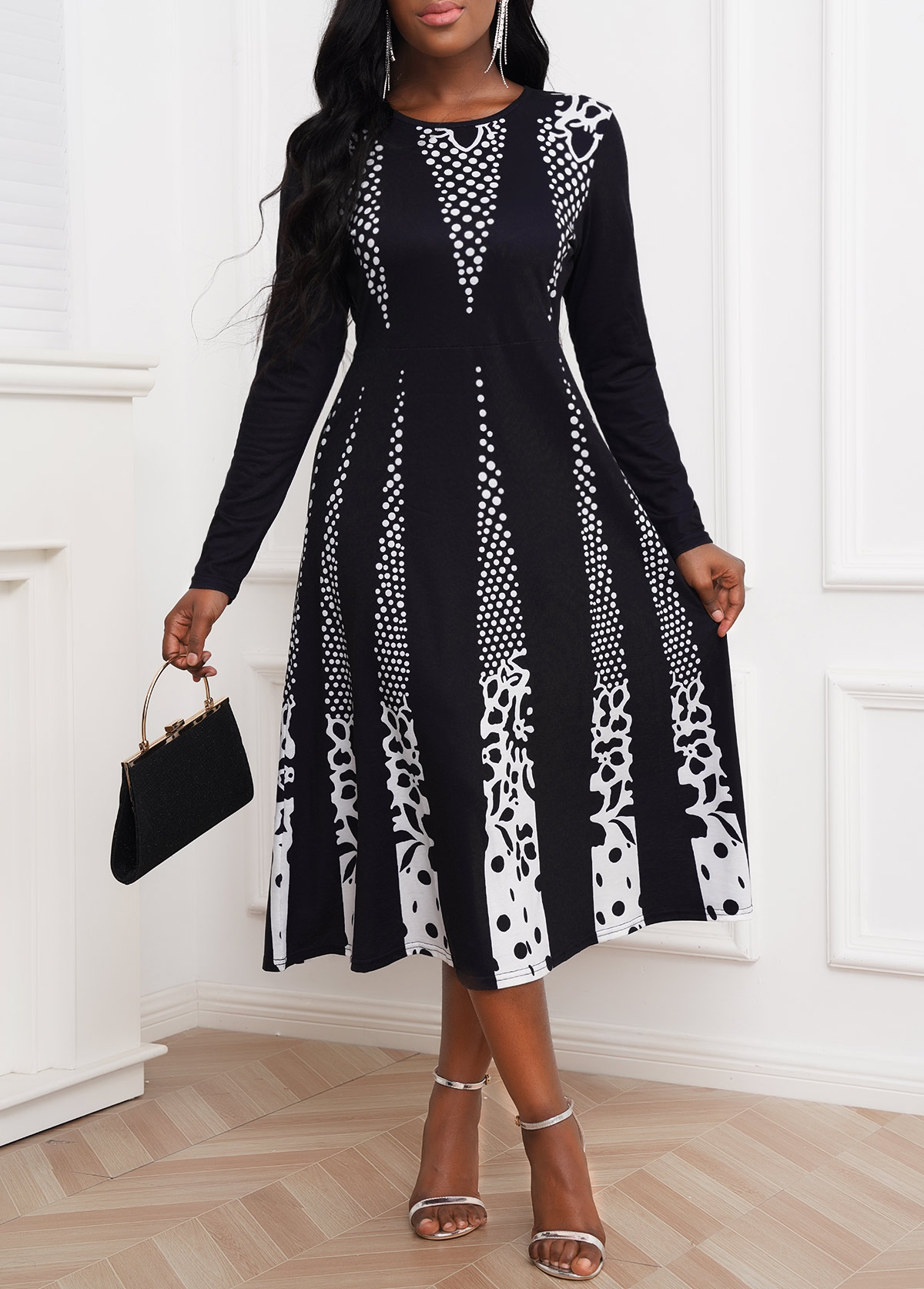 White dresses,Geometric dresses,Long Sleeve Polka Dot White Contrast Dress