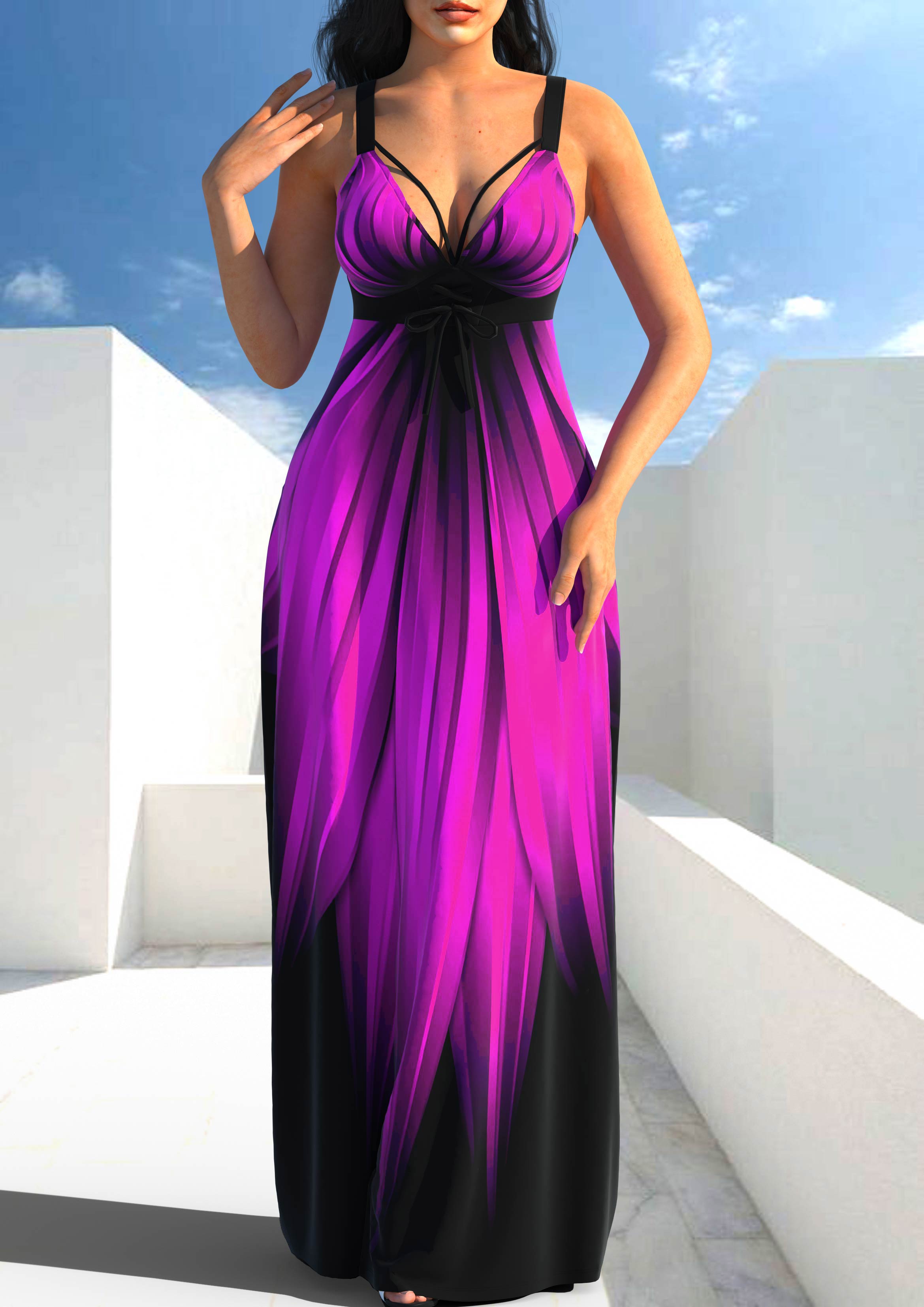 ROTITA Lace Up Wide Strap Violet Dress