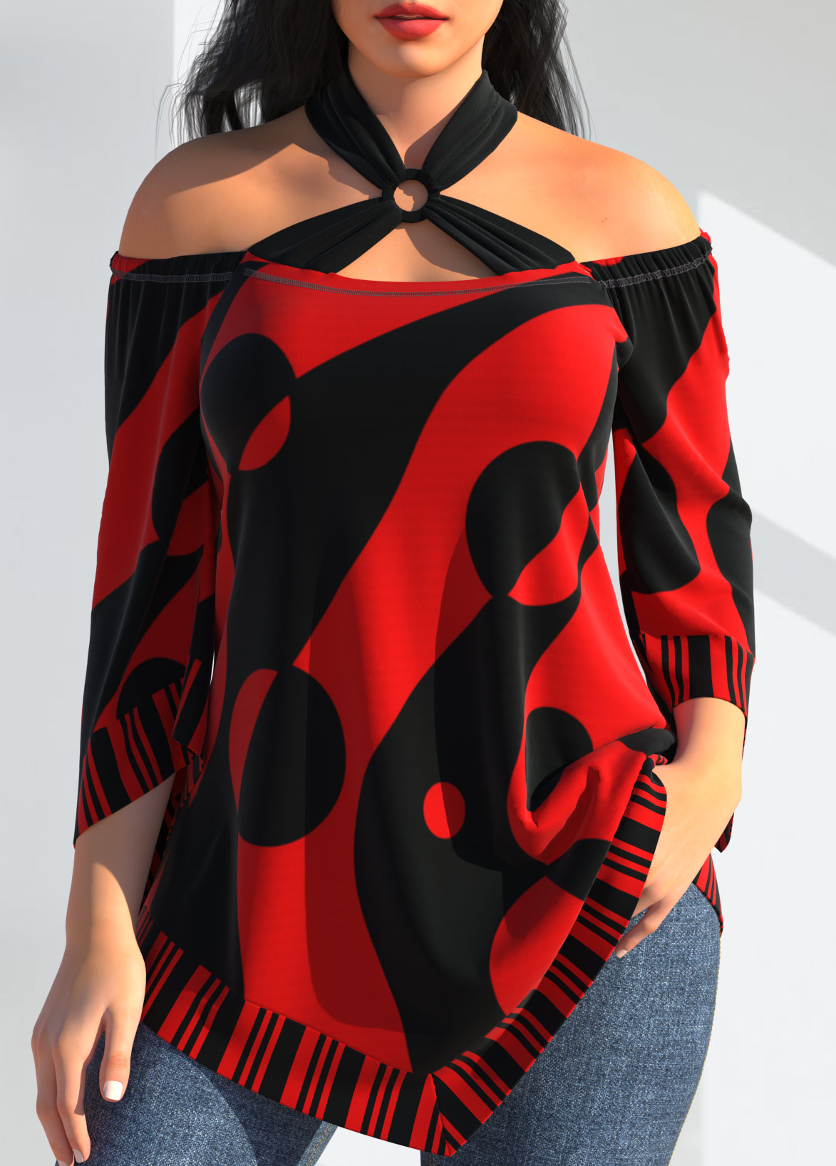 Red tops,Geometric tops,ROTITA Polka Dot Striped Red Cross Strap T Shirt