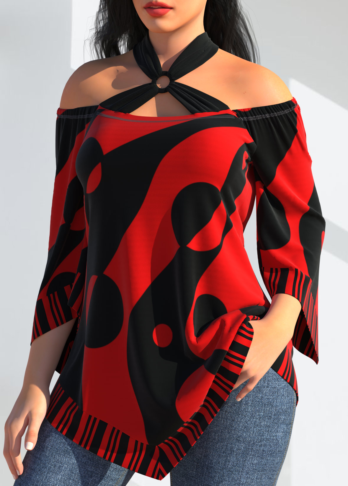 Red tops,Geometric tops,ROTITA Polka Dot Striped Red Cross Strap T Shirt