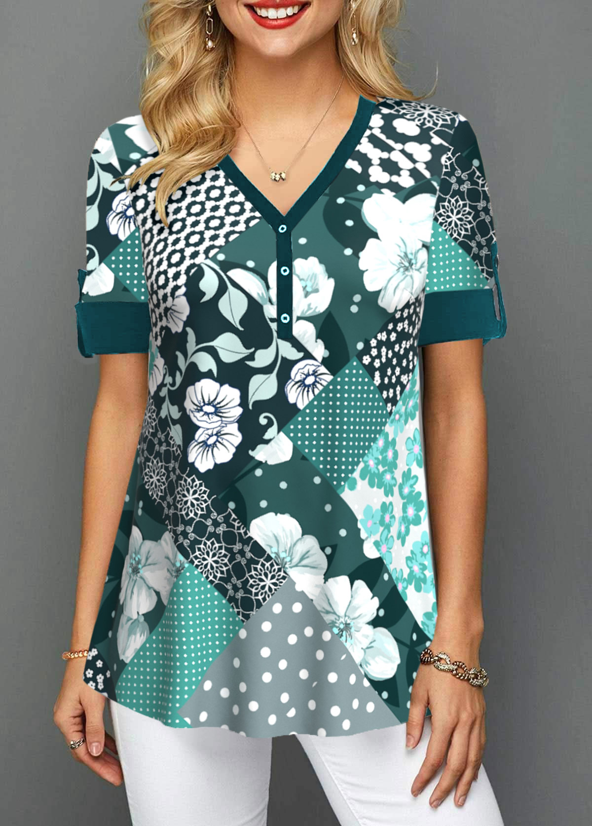Blackish Green tops,Floral tops,ROTITA Blackish Green V Neck Short Sleeve Blouse