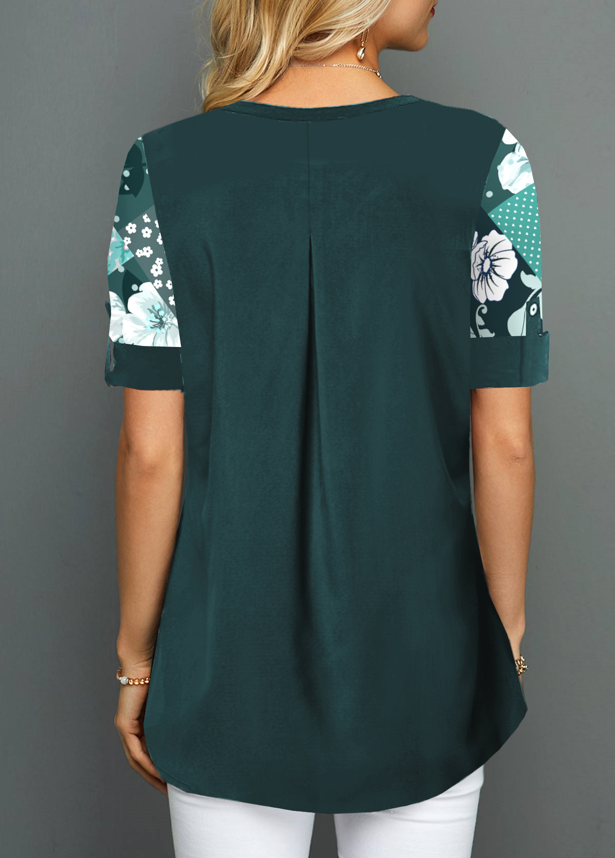 Blackish Green tops,Floral tops,ROTITA Blackish Green V Neck Short Sleeve Blouse