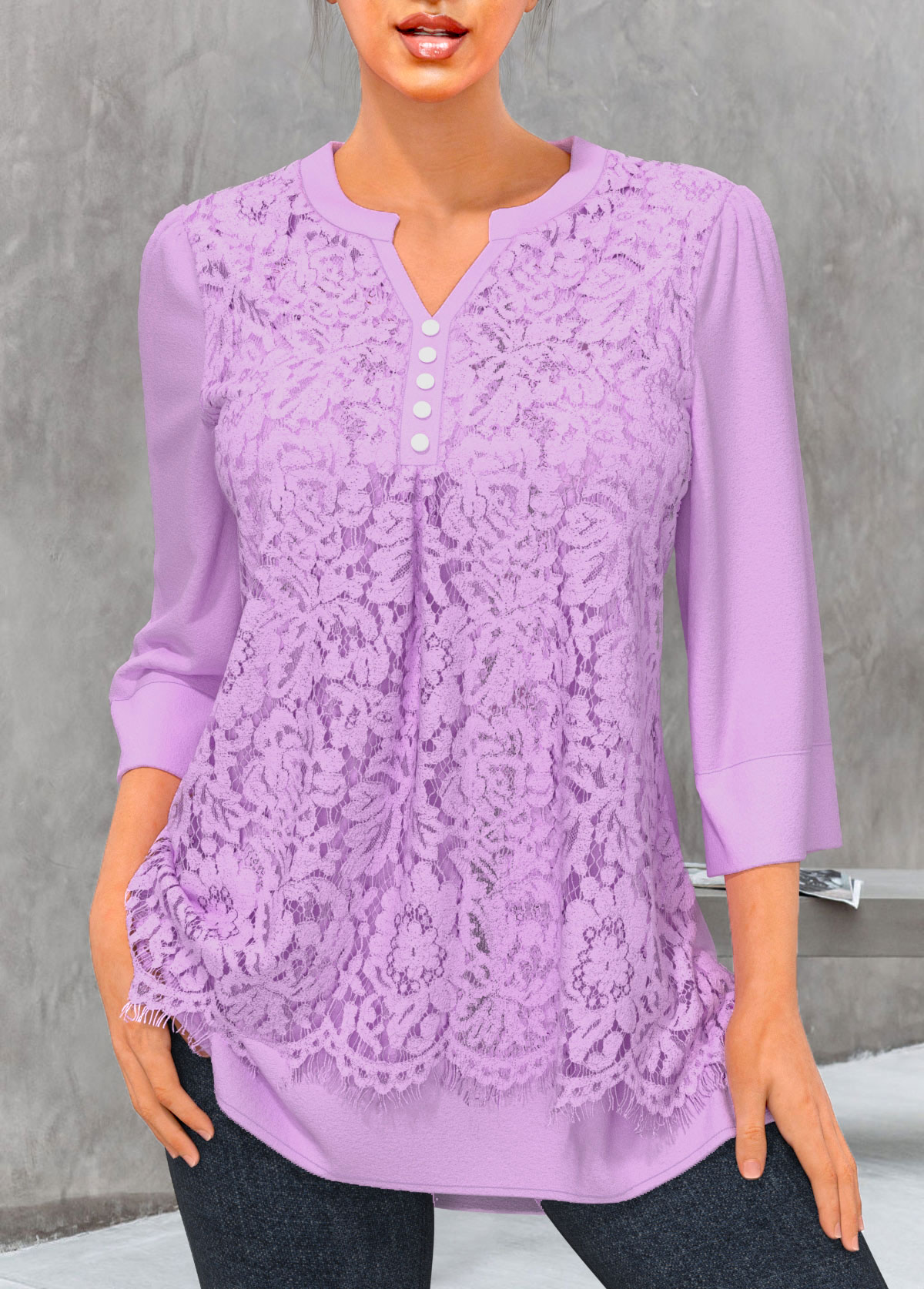 Light Purple tops,Plain Color tops,ROTITA Split Neck Light Purple Lace Stitching Blouse