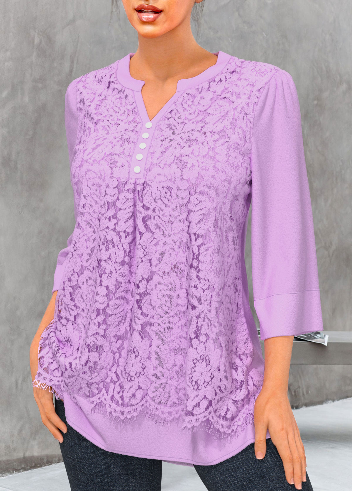 Light Purple tops,Plain Color tops,ROTITA Split Neck Light Purple Lace Stitching Blouse