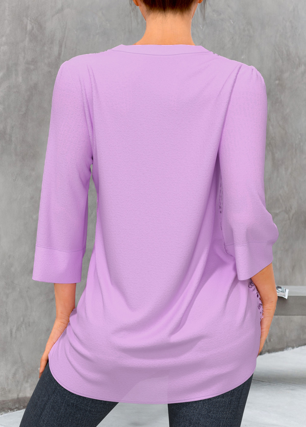Light Purple tops,Plain Color tops,ROTITA Split Neck Light Purple Lace Stitching Blouse