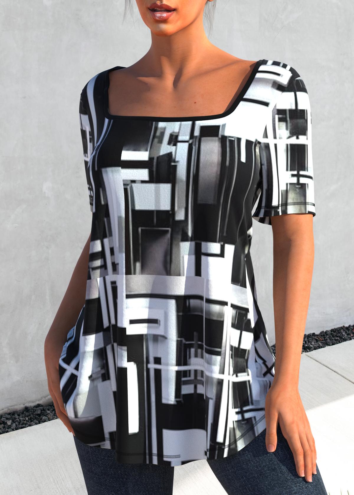 Black tops,Geometric tops,ROTITA Square Collar Black Geometric Print T Shirt